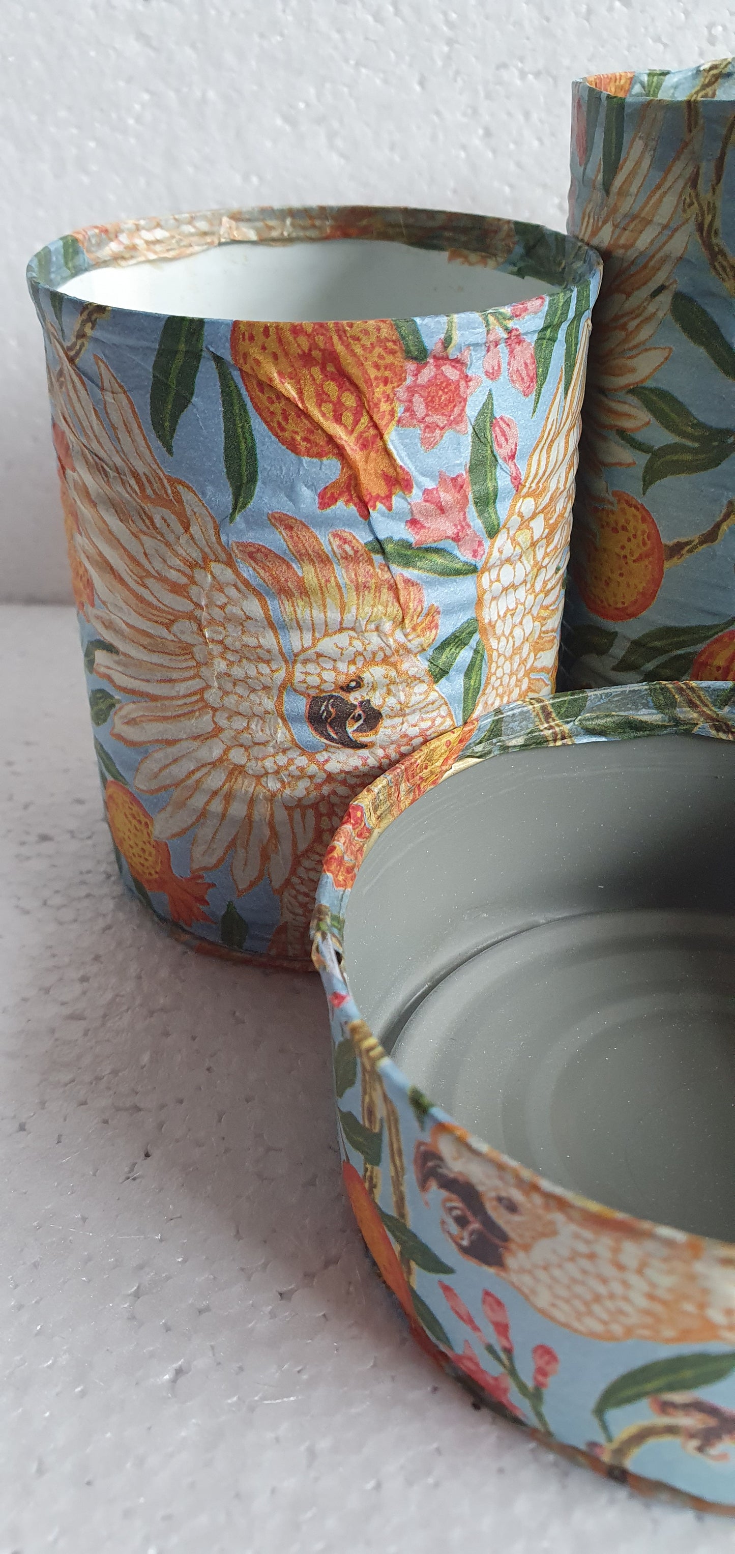 Upcycle Tin Can Desk Tidy Set Of Three Cockatoo Orange Blue Pattern Decoupage Hand Decorated Home Decor Gift
