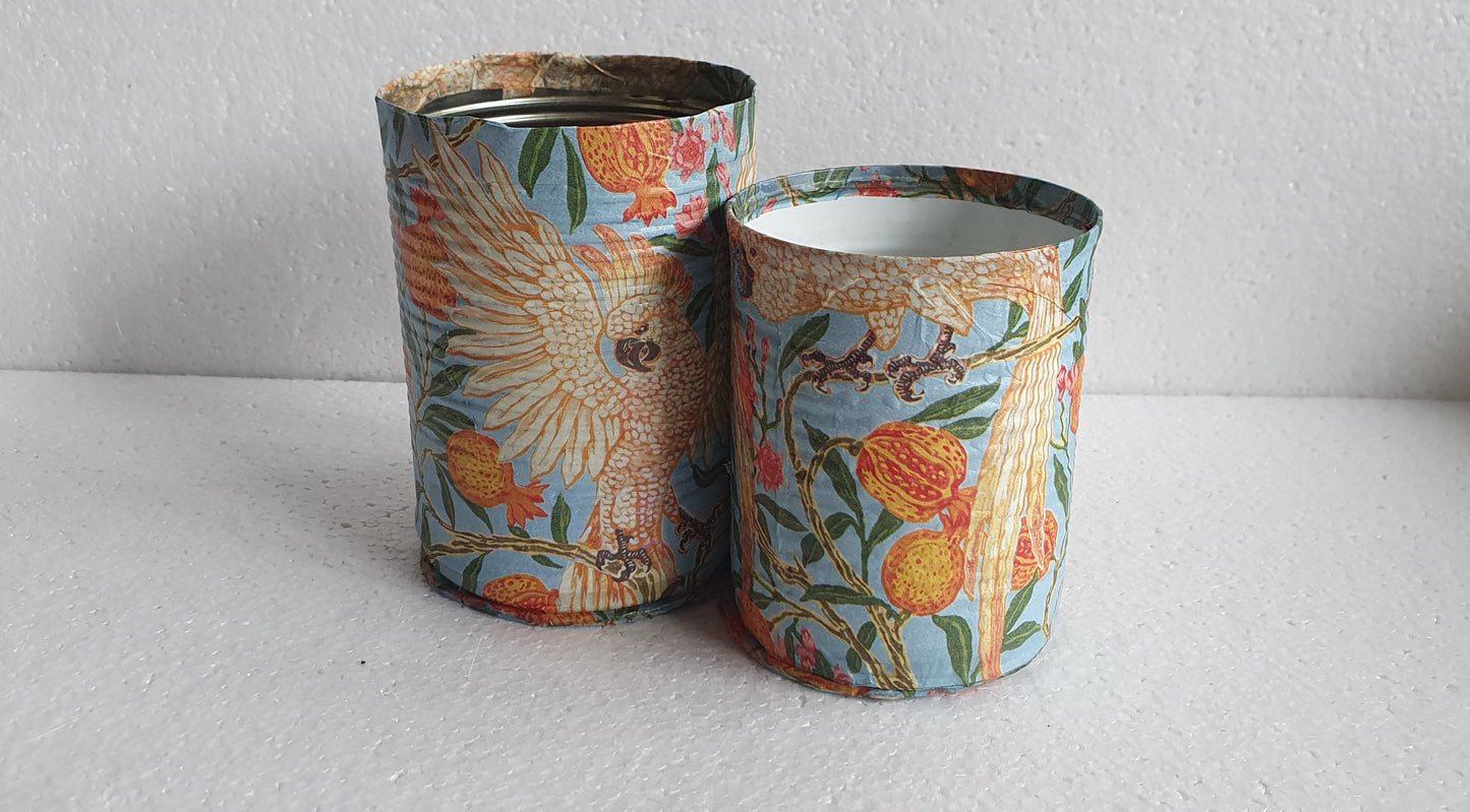 Upcycle Tin Can Desk Tidy Set Of Three Cockatoo Orange Blue Pattern Decoupage Hand Decorated Home Decor Gift