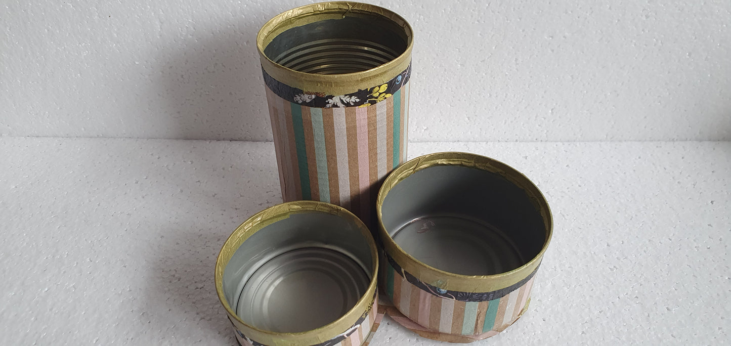 Upcycle Tin Can Desk Tidy Set Of Three Multi Pattern Pink Black Gold Decoupage Hand Decorated Home Decor Gift