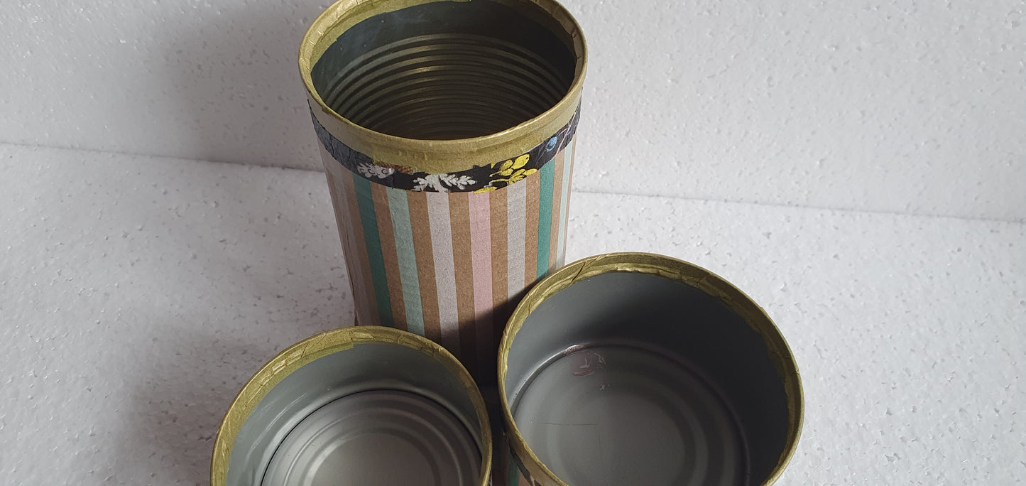 Upcycle Tin Can Desk Tidy Set Of Three Multi Pattern Pink Black Gold Decoupage Hand Decorated Home Decor Gift