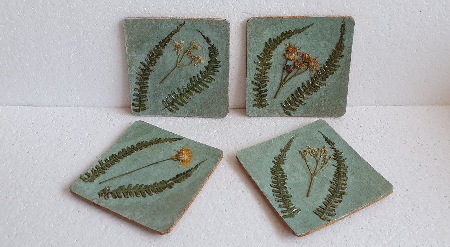 Green Pressed Leaves Wild Flowers Decoupage Coasters Set Of Four Home Decor Gift