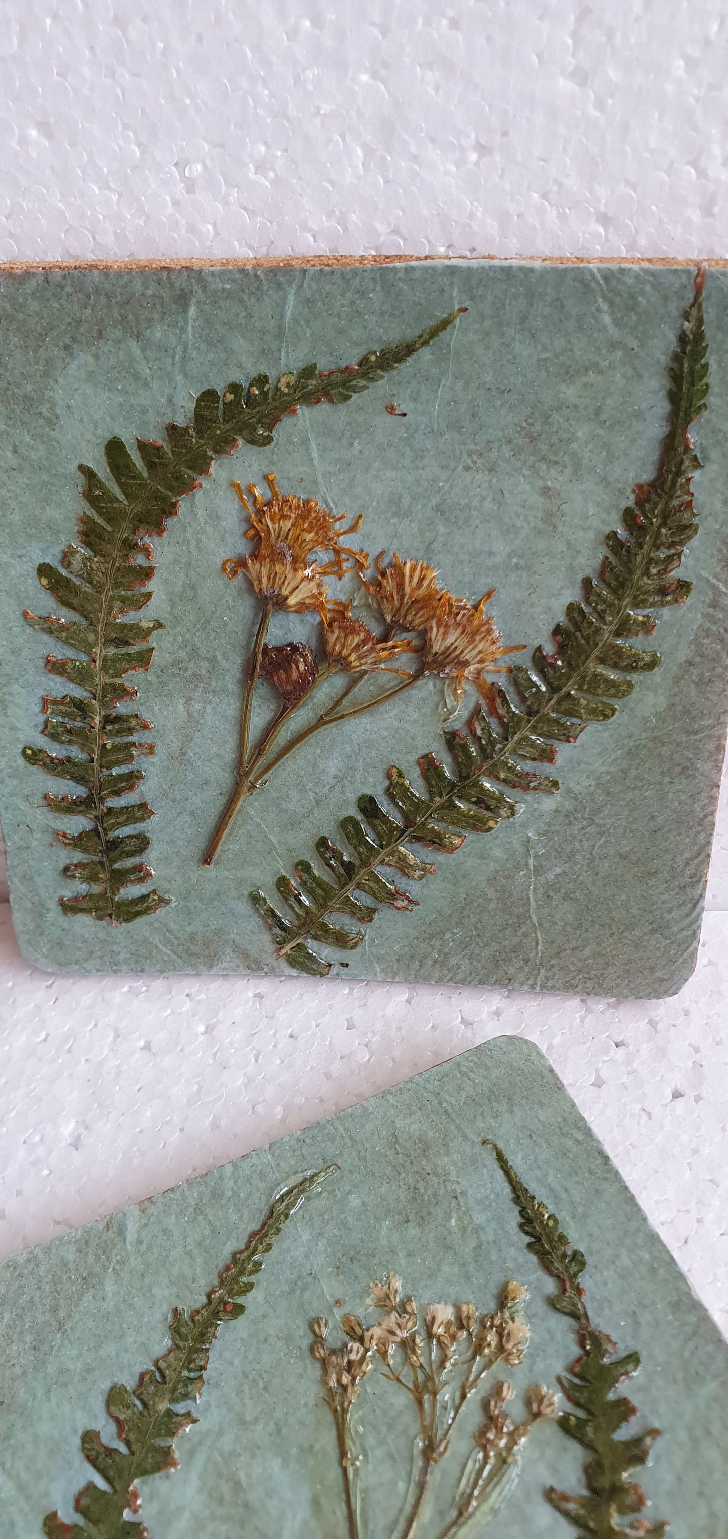 Green Pressed Leaves Wild Flowers Decoupage Coasters Set Of Four Home Decor Gift