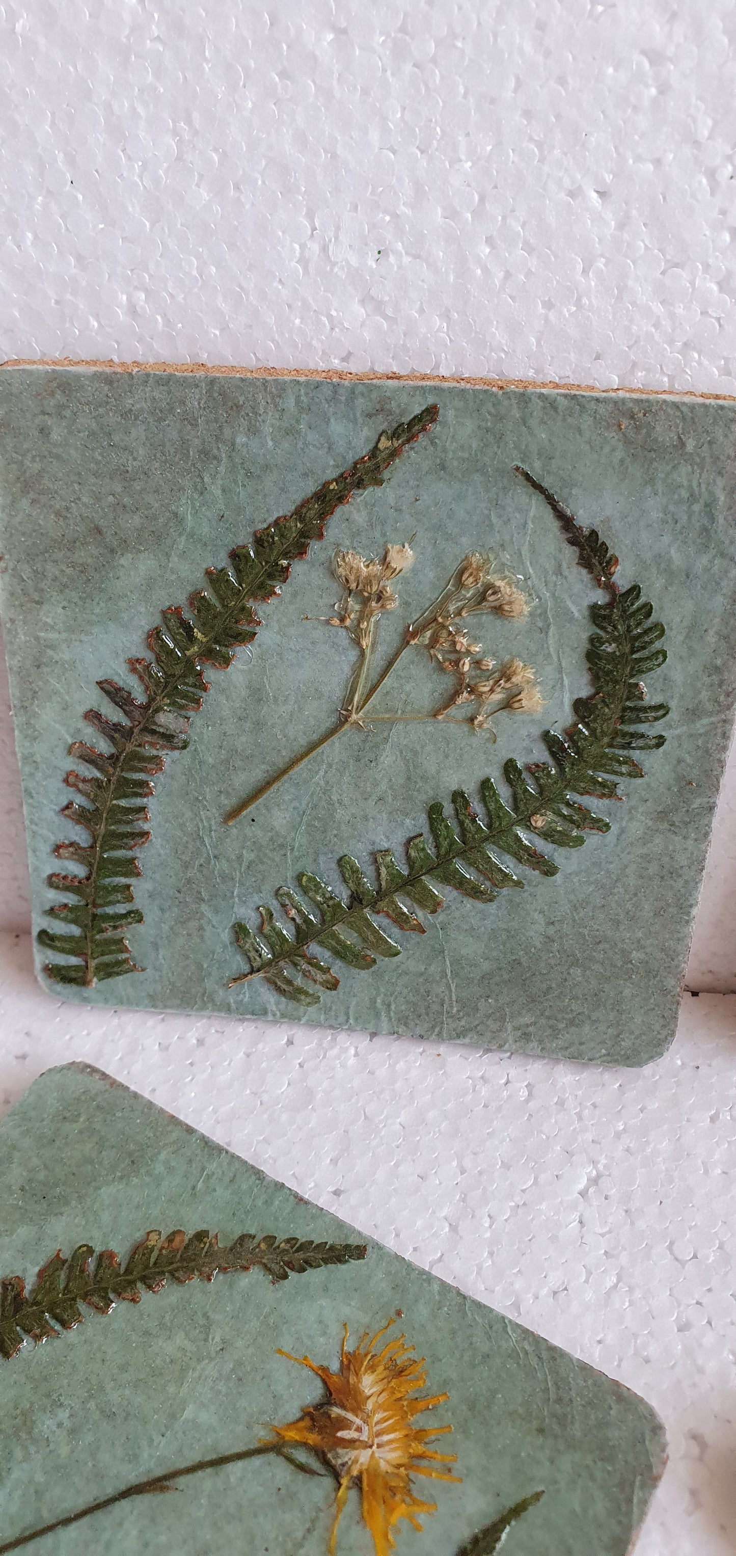 Green Pressed Leaves Wild Flowers Decoupage Coasters Set Of Four Home Decor Gift