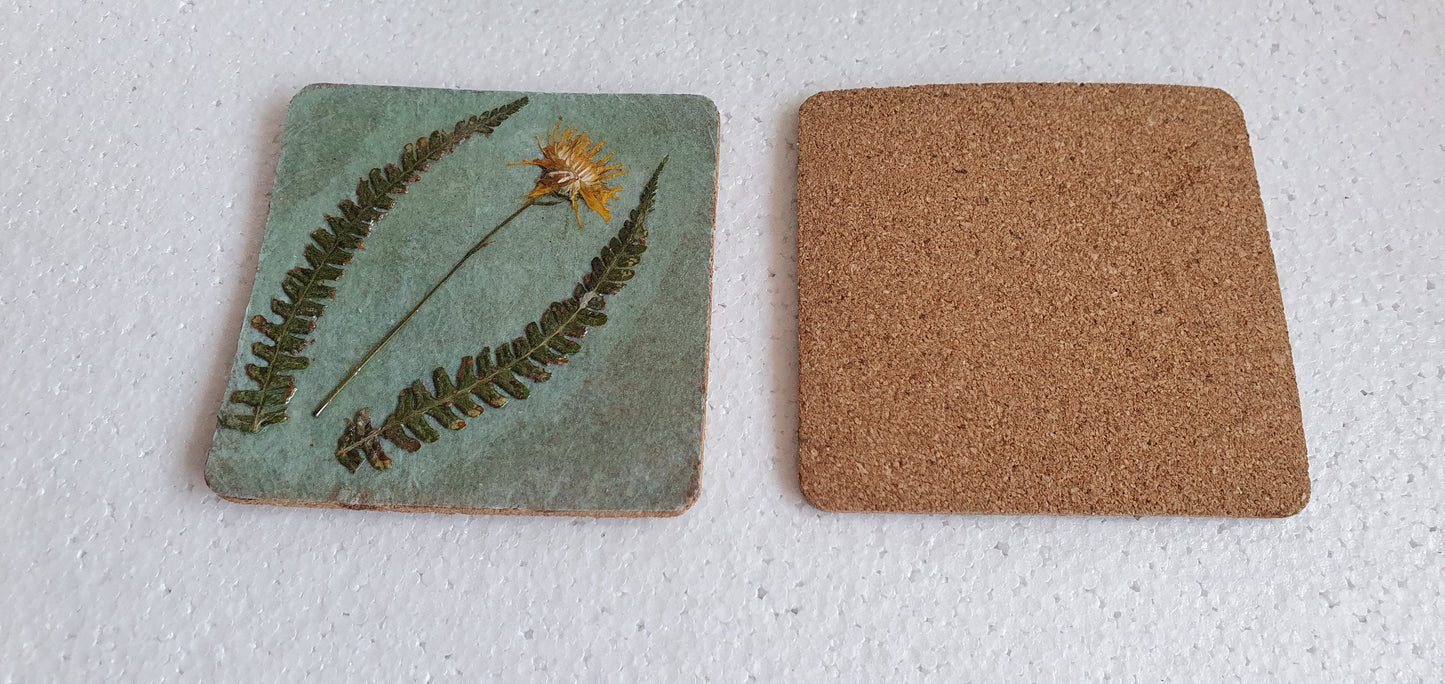 Green Pressed Leaves Wild Flowers Decoupage Coasters Set Of Four Home Decor Gift