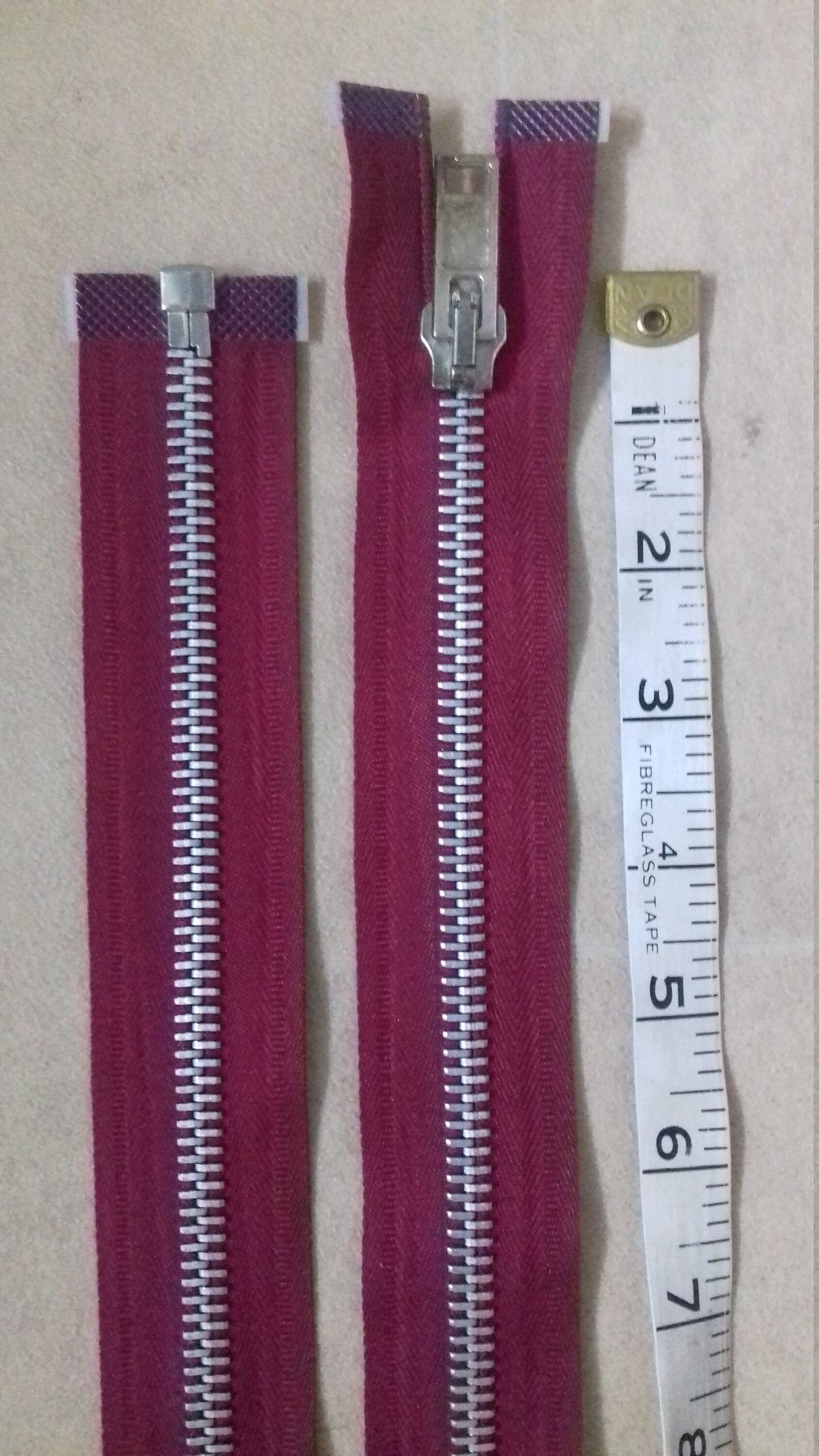 Deep raspberry zip red/burgundy very chunky silver heavy metal separating zip 23.5 inch (59.5cm) open ended silver Size 8