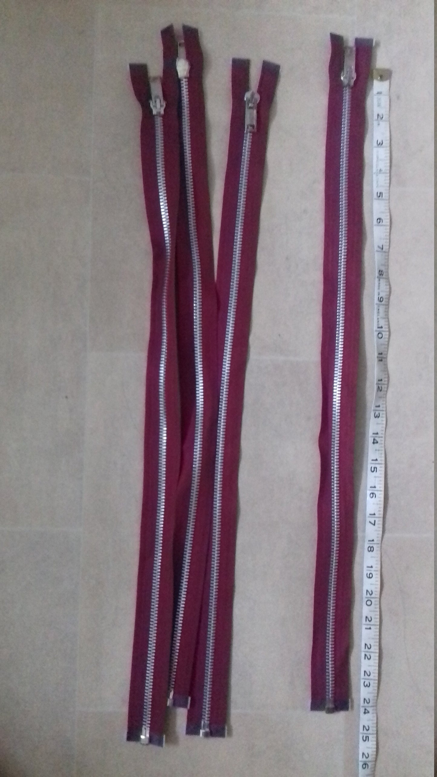 Deep raspberry zip red/burgundy very chunky silver heavy metal separating zip 23.5 inch (59.5cm) open ended silver Size 8