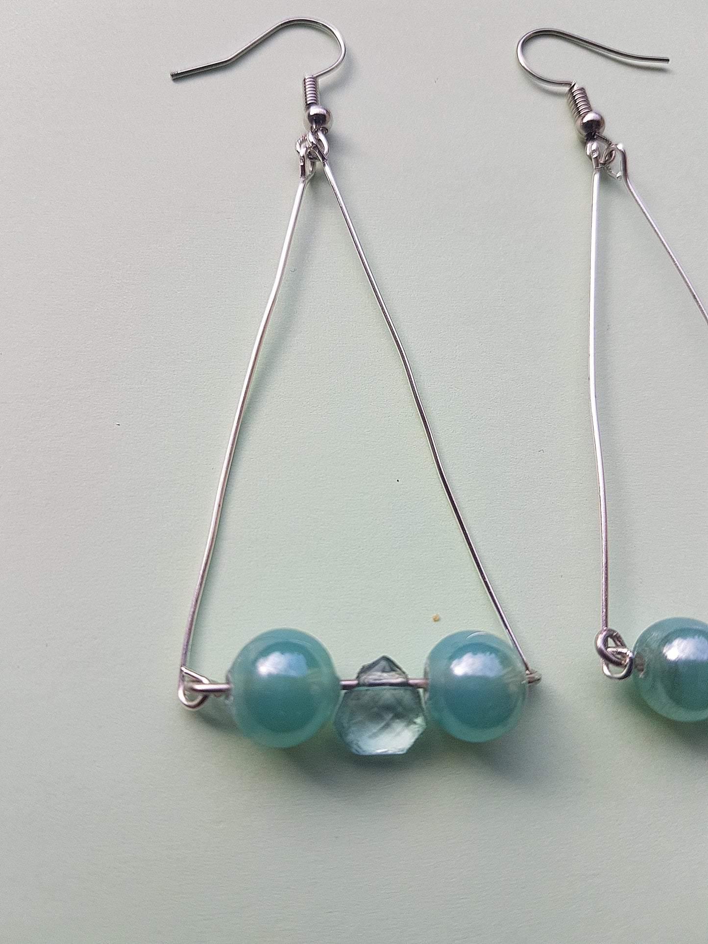 Blue Bead Silver Triangle Earrings