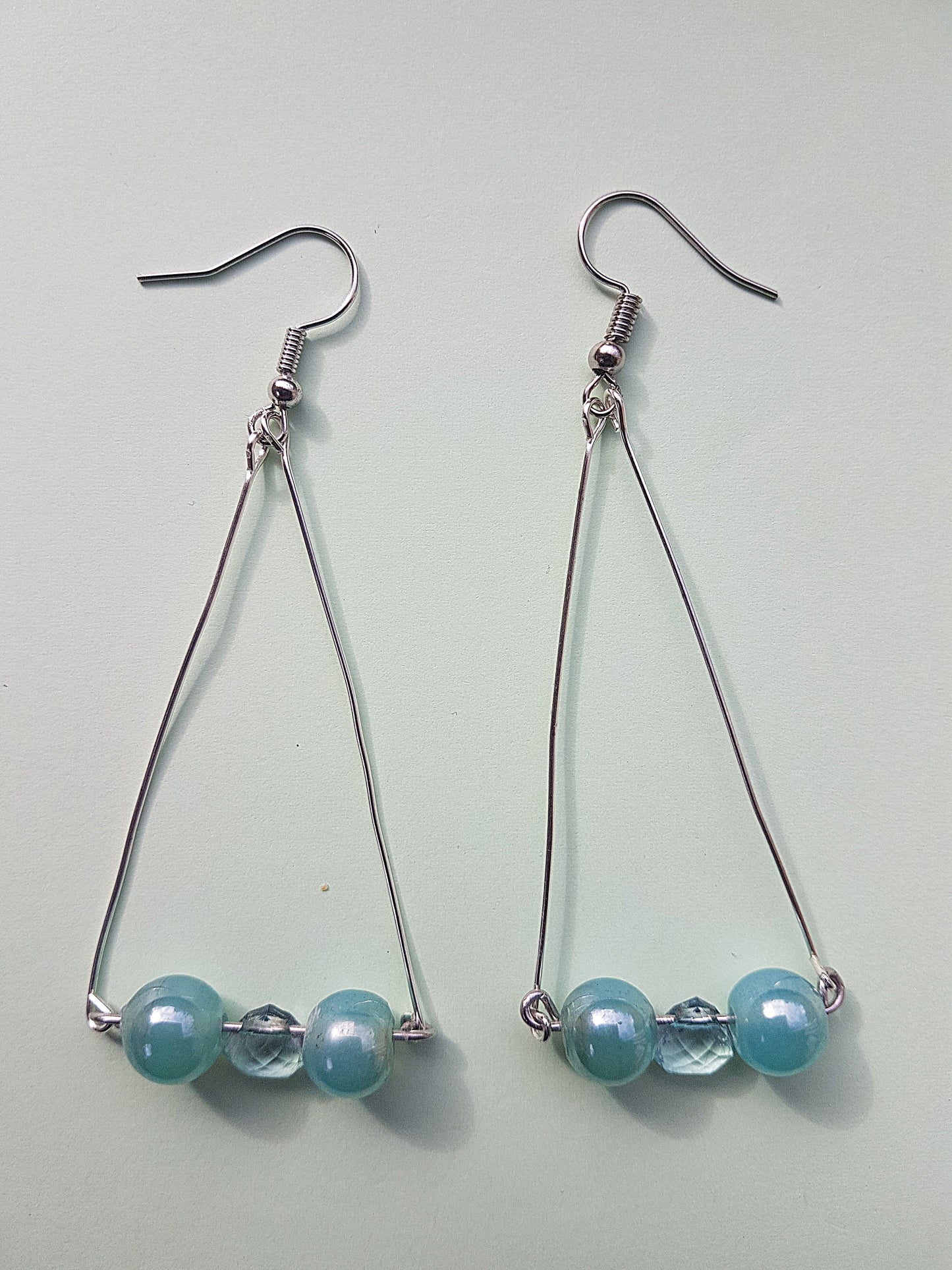 Blue Bead Silver Triangle Earrings