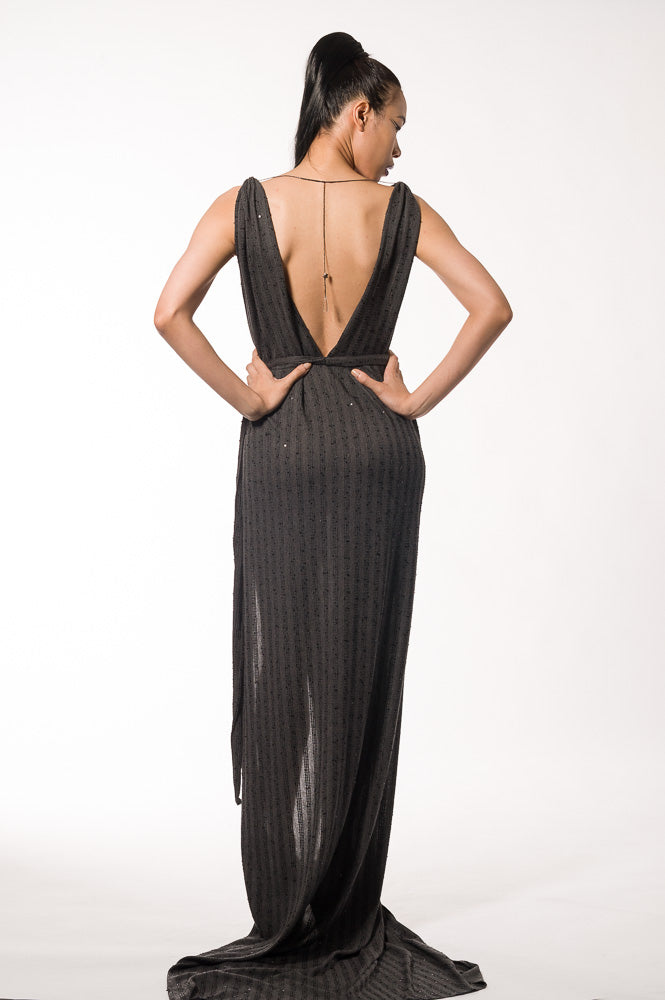 Grey Sequins Plunge Statement Dress