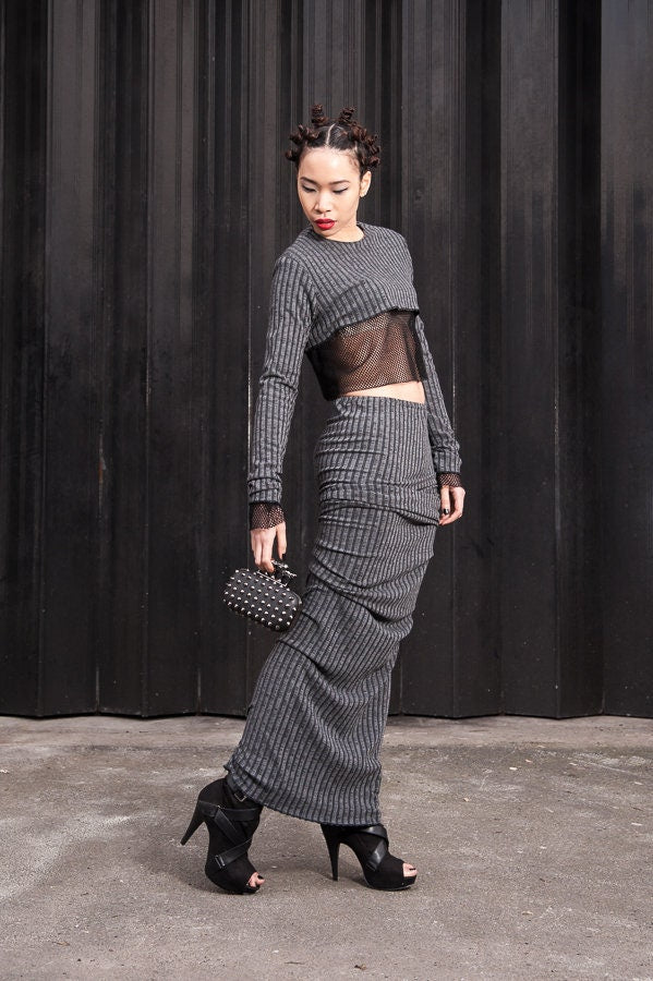 Easy Wear Grey Ribbed Jersey Grey Skirt Top Set
