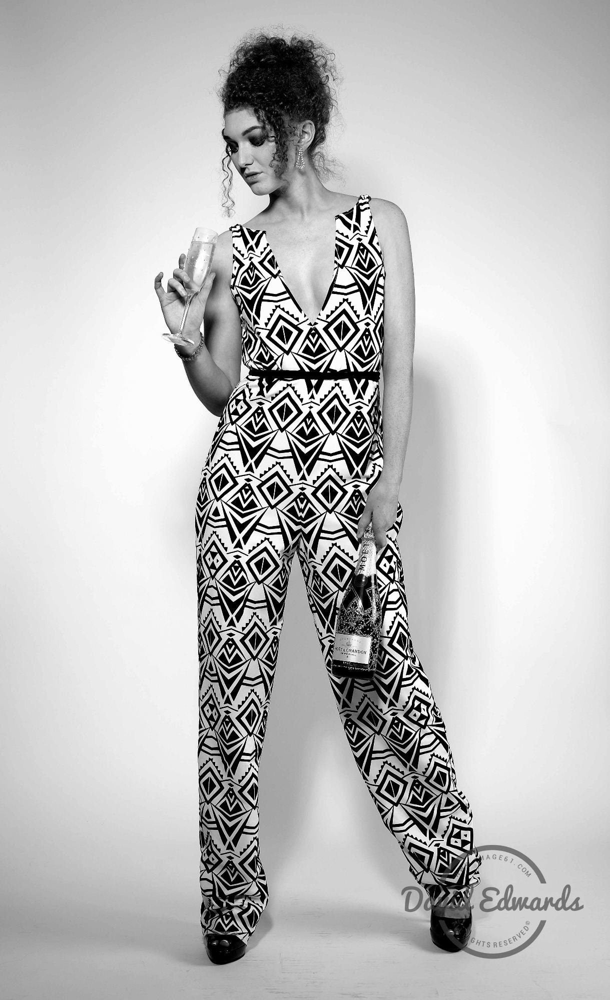 Black White Geometric Pattern Jumpsuit UK8/UK10
