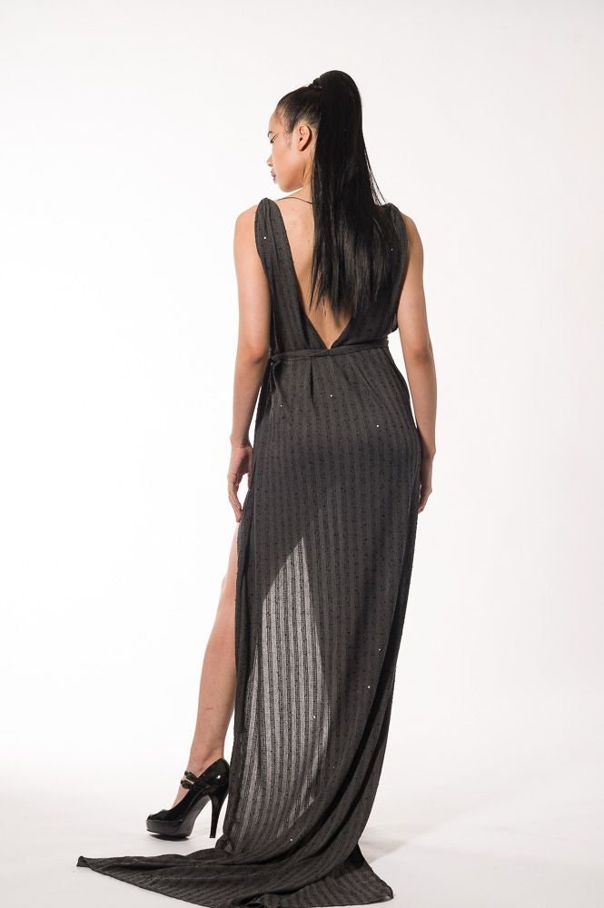 Grey Sequins Plunge Statement Dress