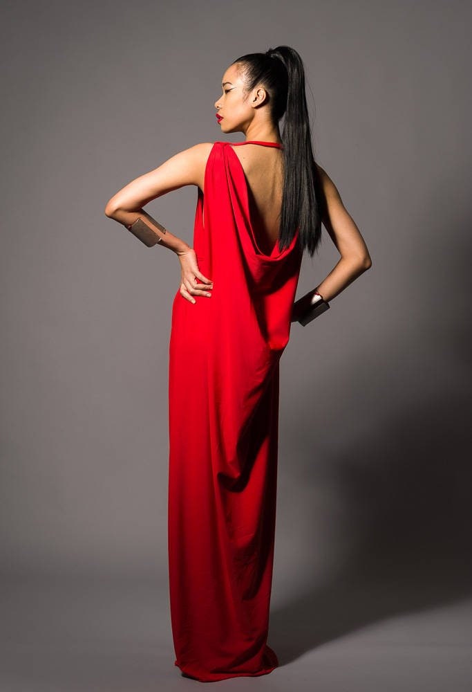 Long Red Grecian Backless Dress
