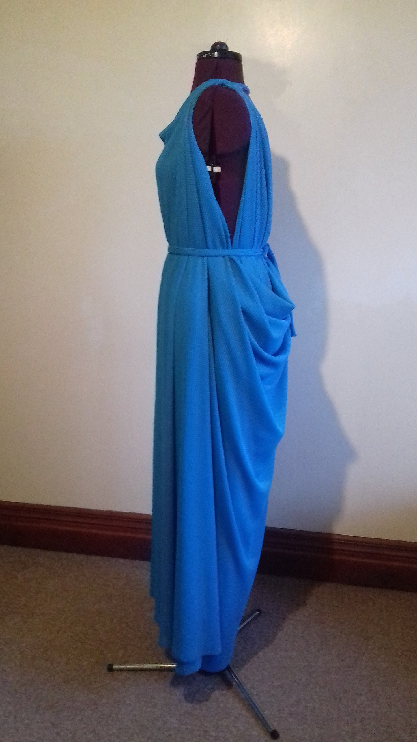 Sky Blue Backless Grecian Drape Dress