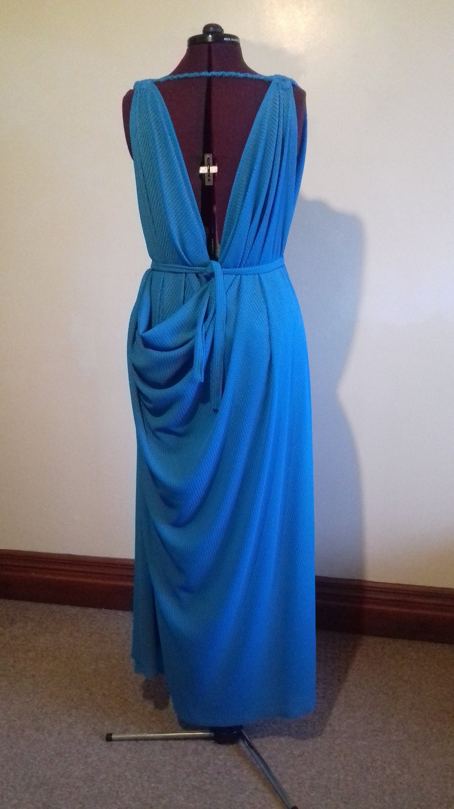 Sky Blue Backless Grecian Drape Dress