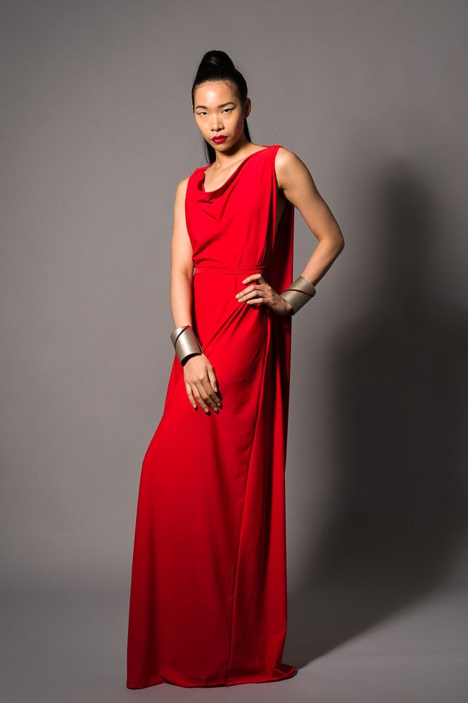 Long Red Grecian Backless Dress