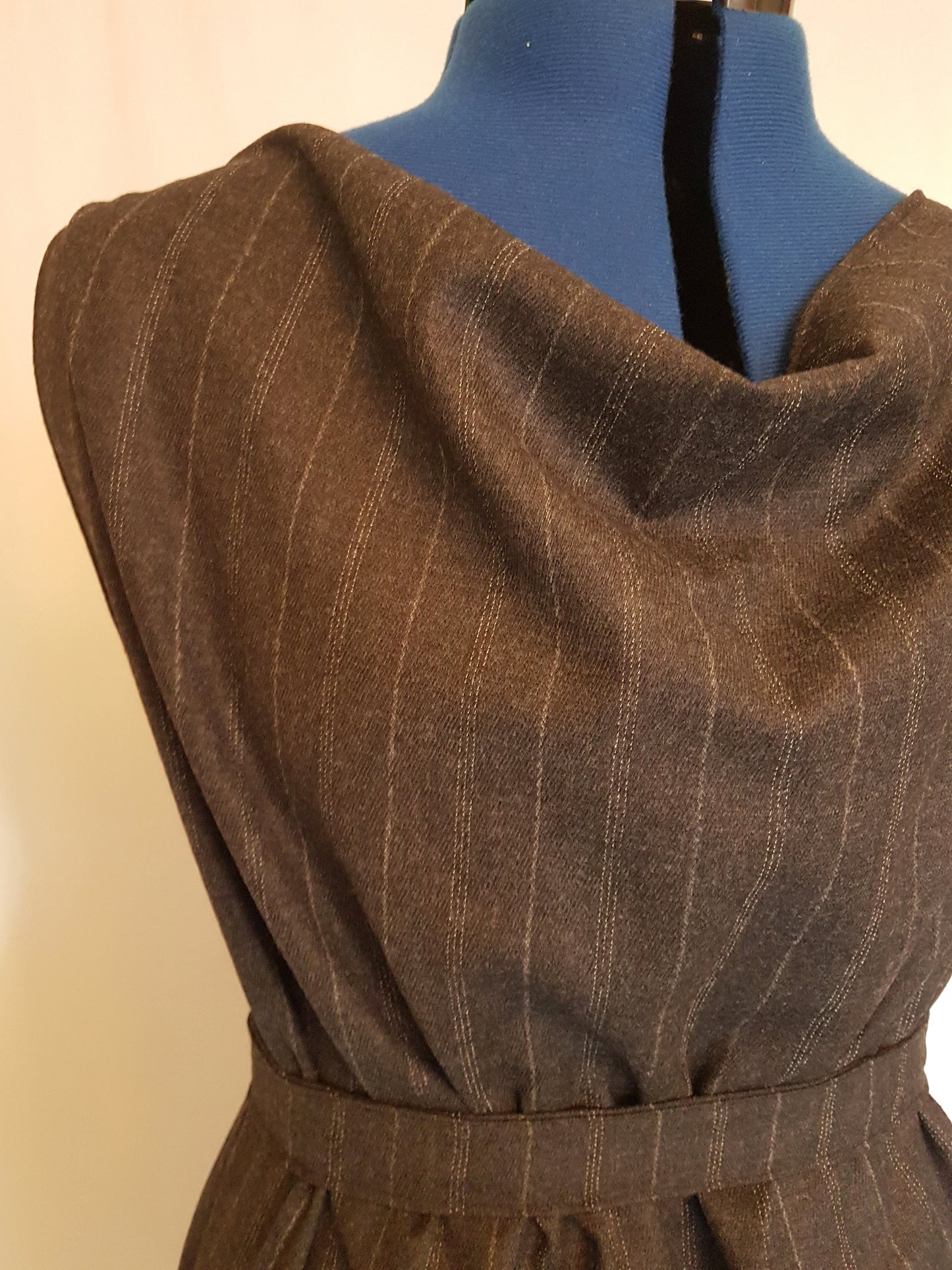 Grey Pinstripe Grecian Drape Backless Dress