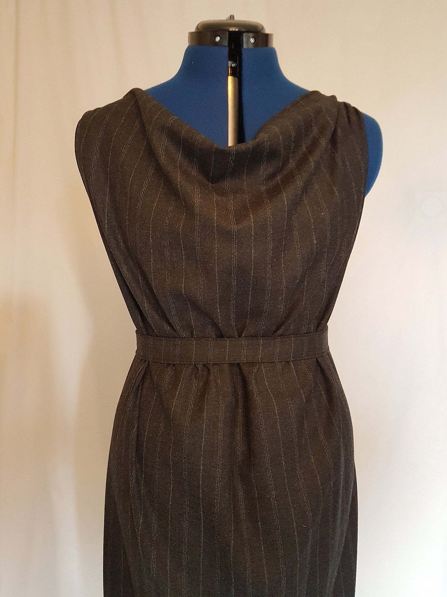 Grey Pinstripe Grecian Drape Backless Dress