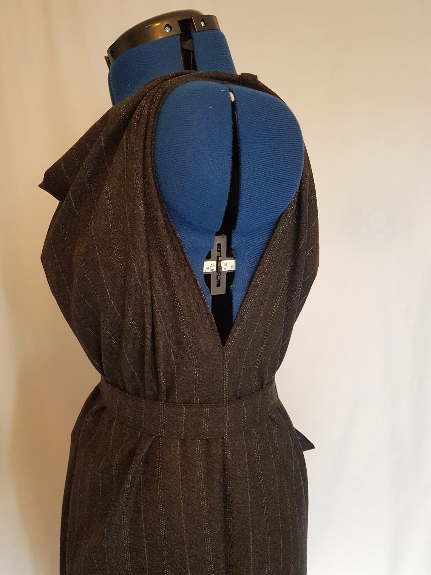Grey Pinstripe Grecian Drape Backless Dress