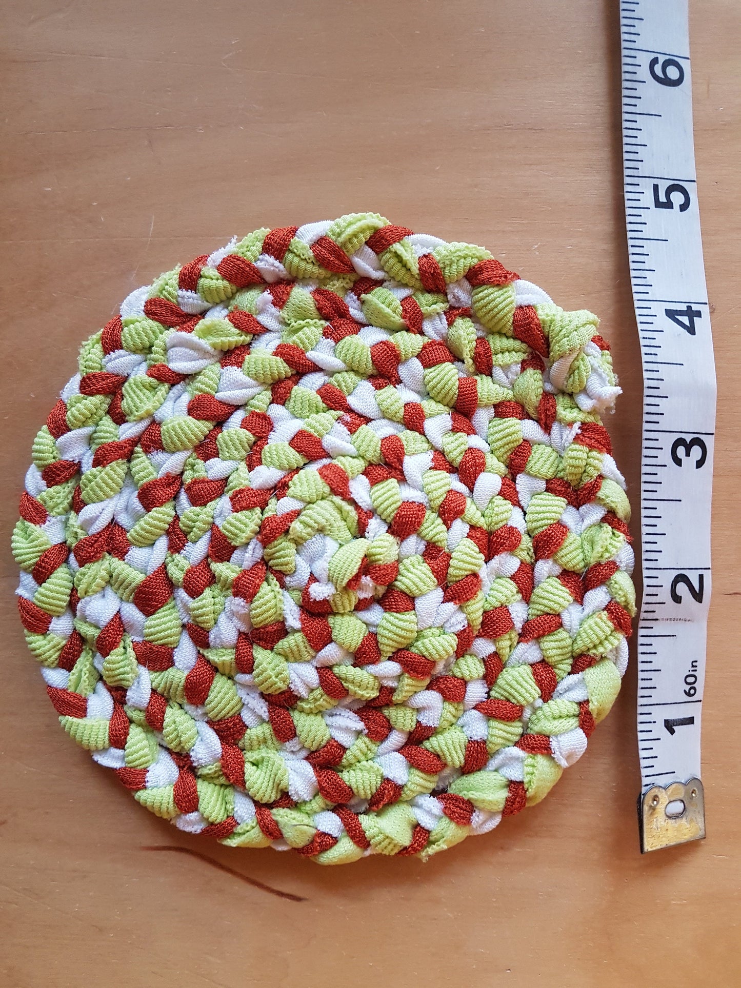 Handmade Coaster Burnt Orange, White, Lime Green