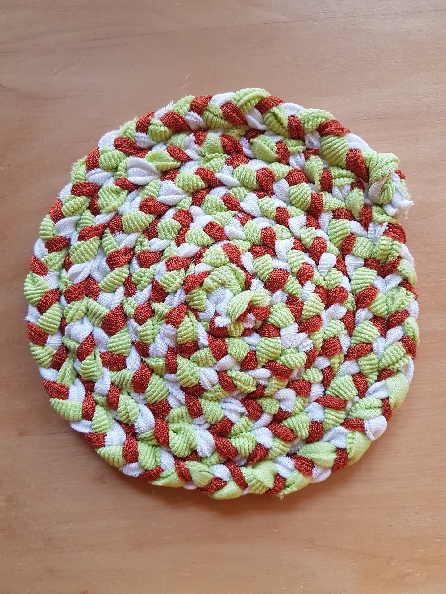 Handmade Coaster Burnt Orange, White, Lime Green