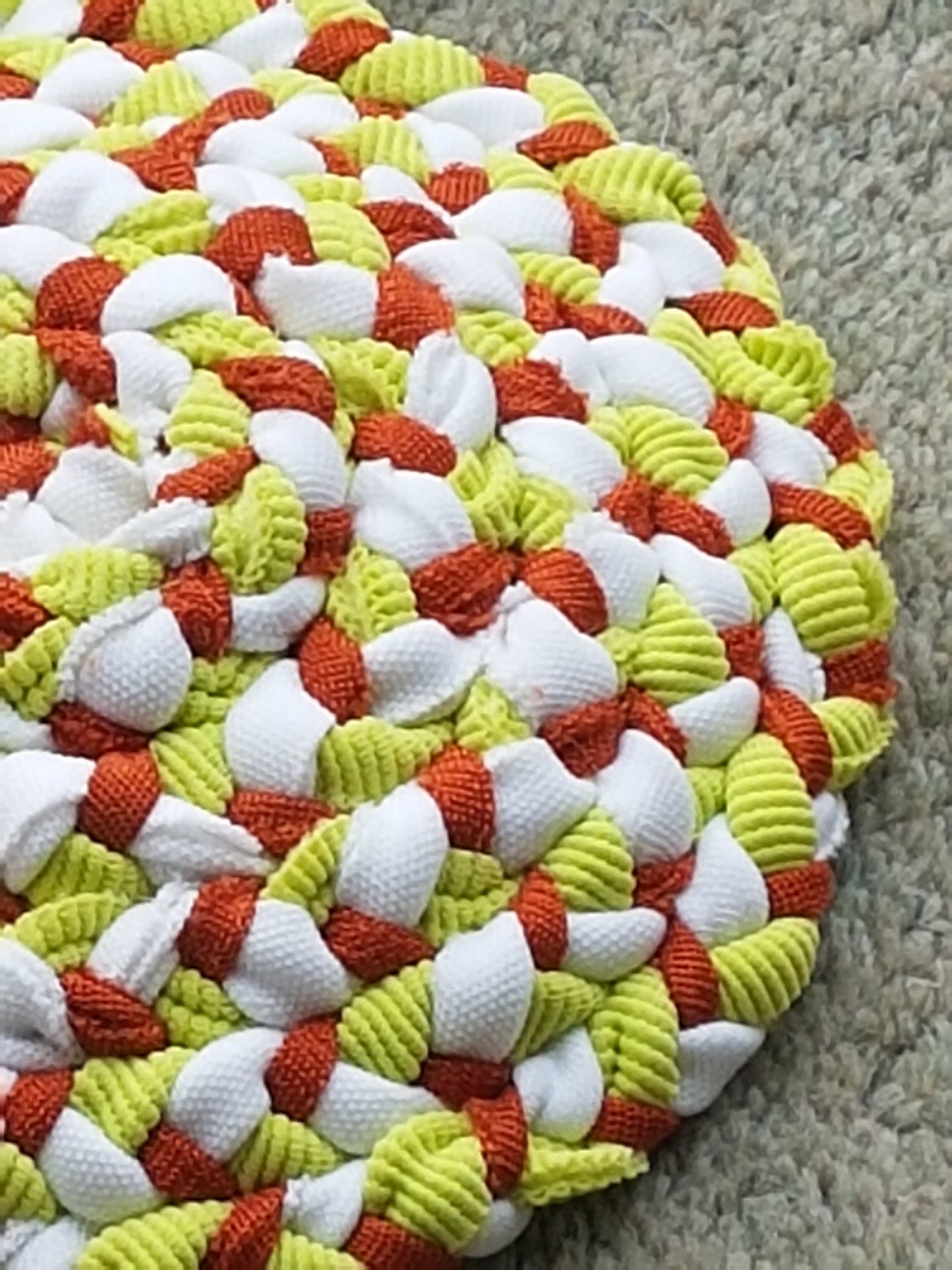 Handmade Coaster Burnt Orange, White, Lime Green