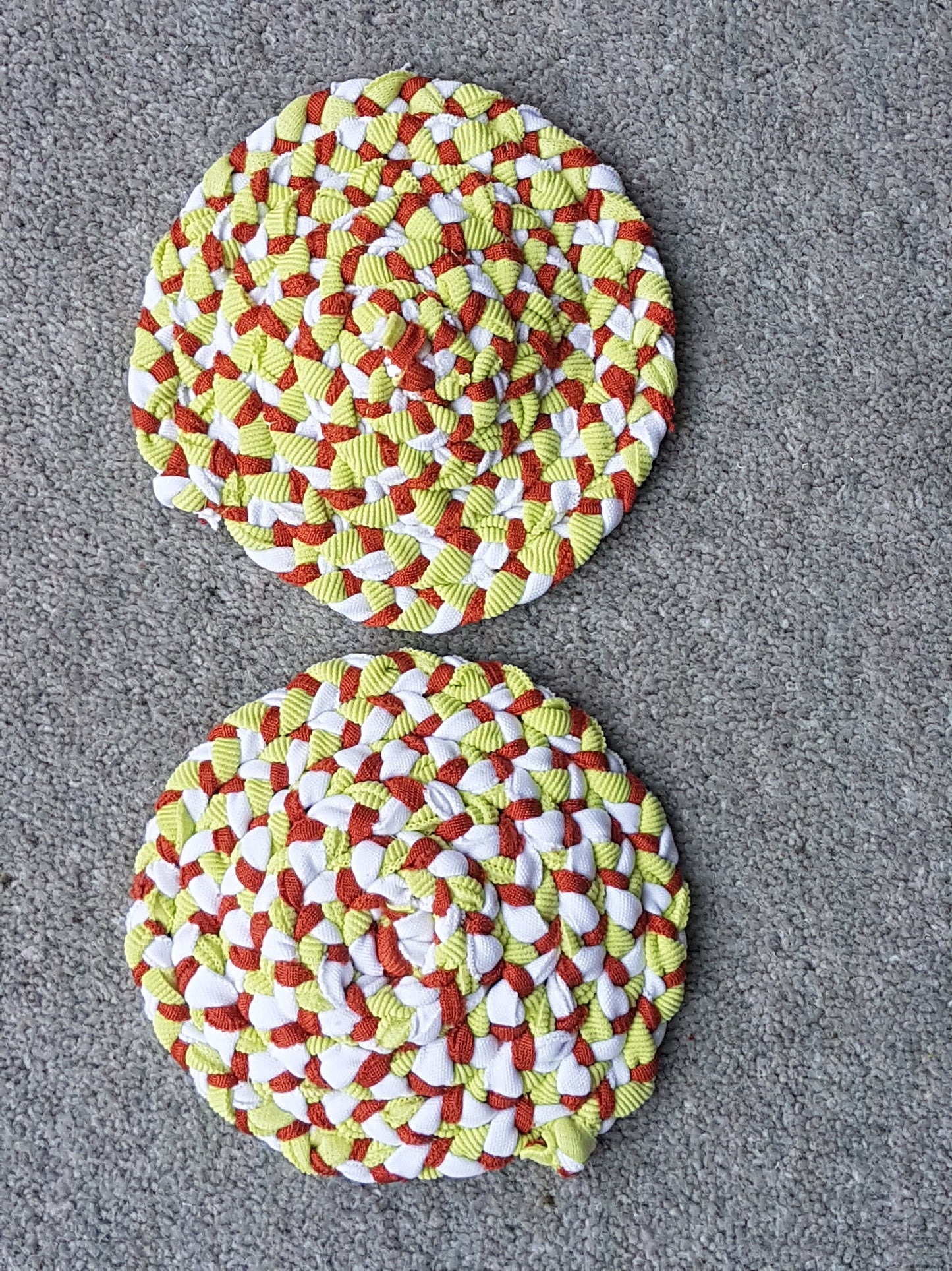 Handmade Coaster Burnt Orange, White, Lime Green