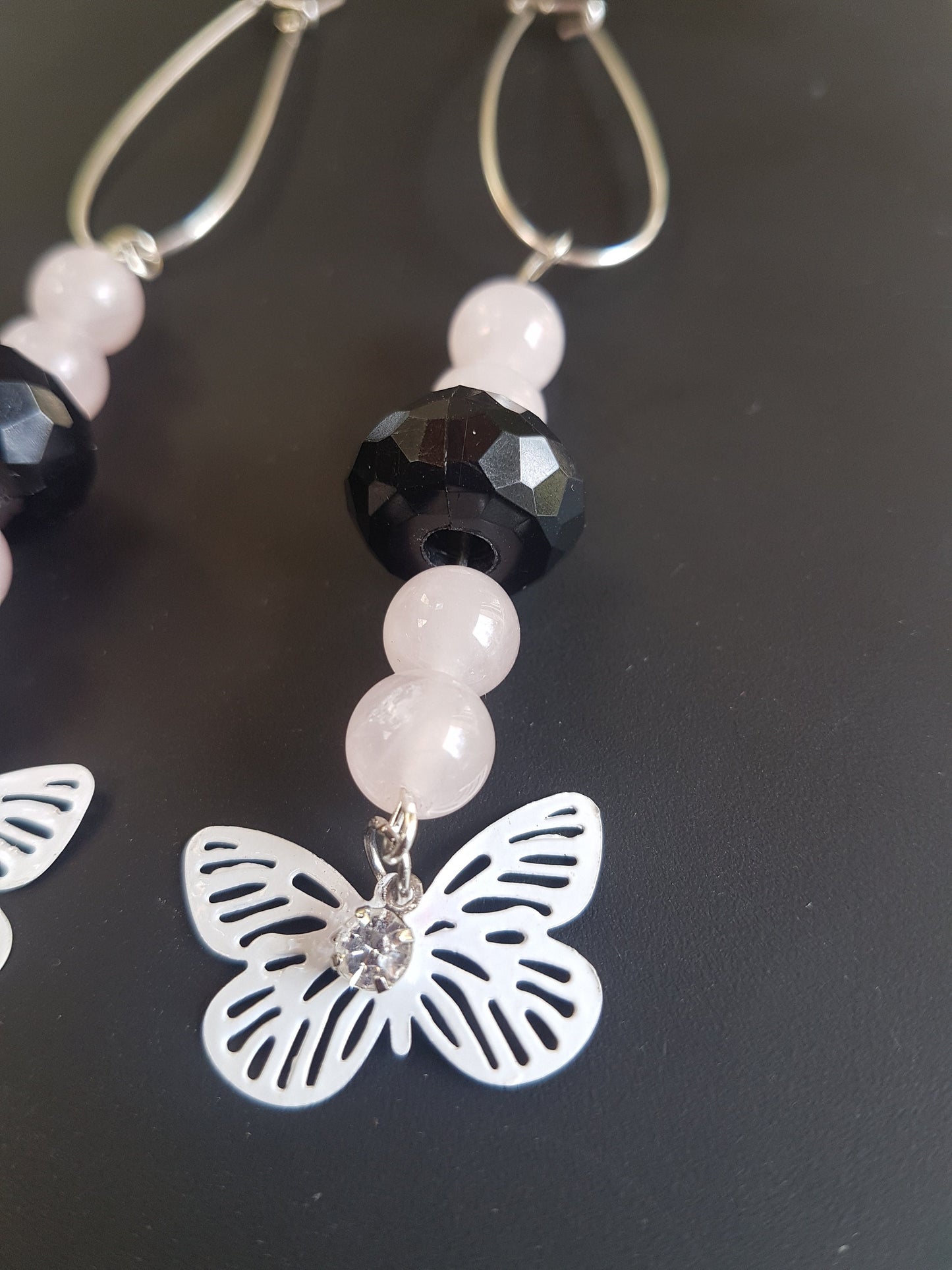 Pink, Black, White Bead Butterfly Silver Earrings
