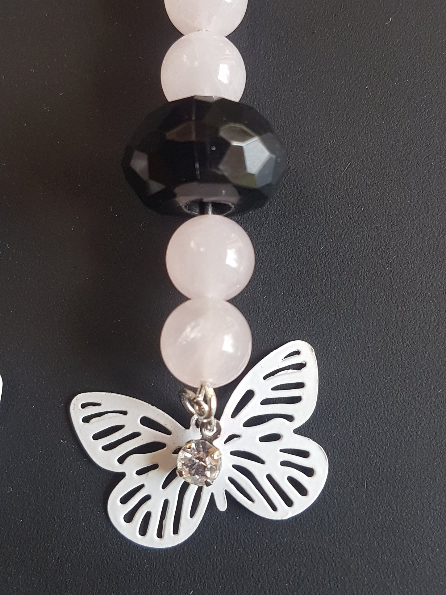 Pink, Black, White Bead Butterfly Silver Earrings