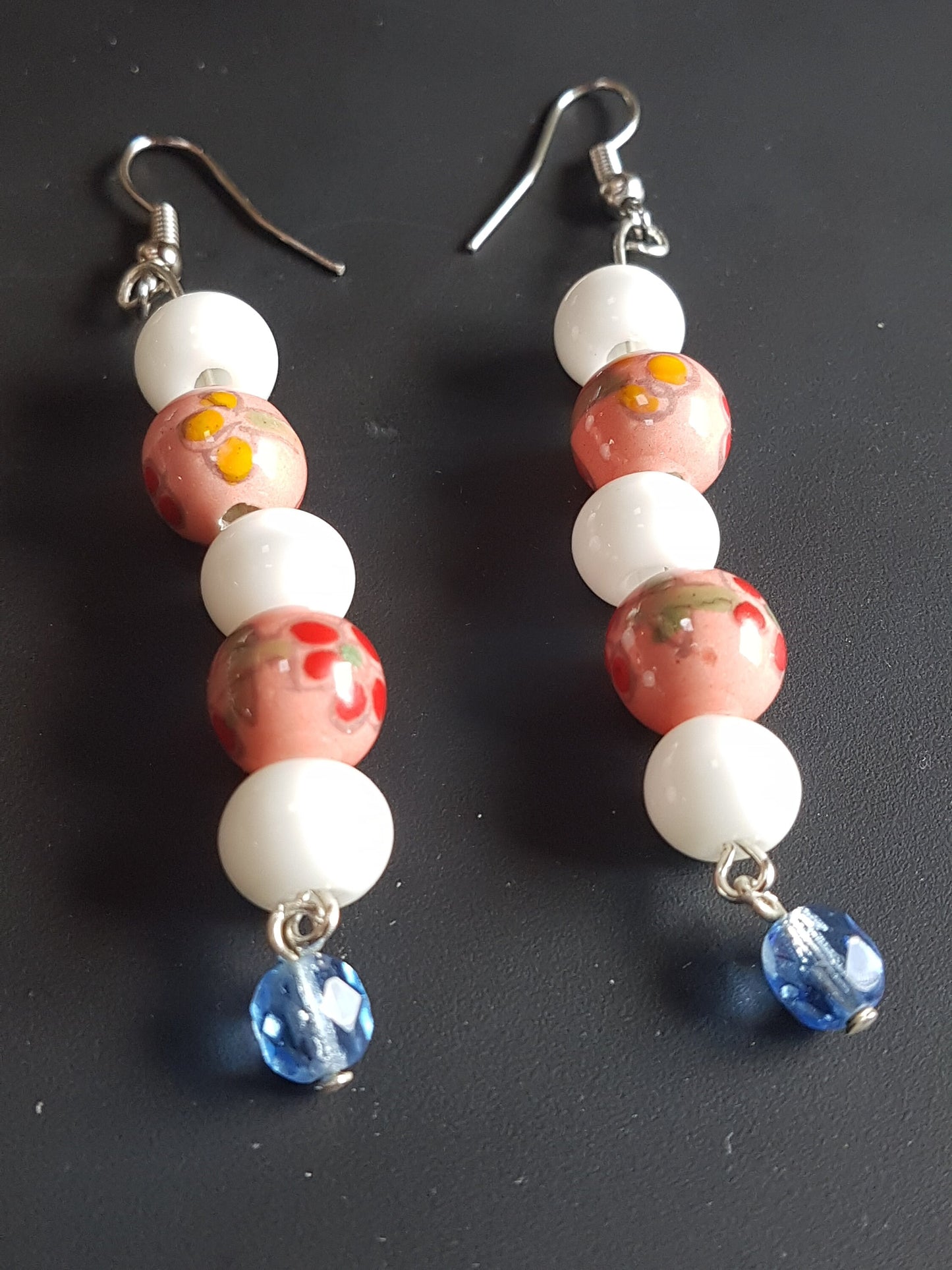Pink Floral White Blue Bead Silver Earrings