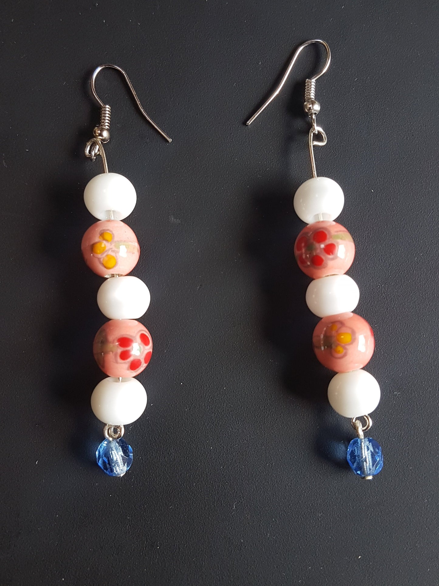Pink Floral White Blue Bead Silver Earrings
