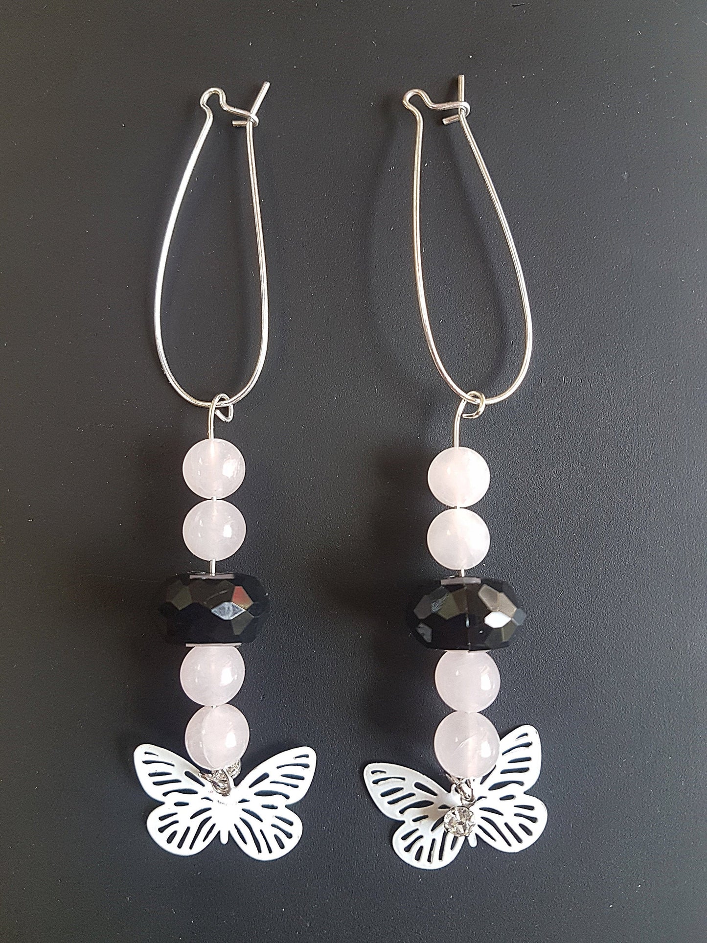 Pink, Black, White Bead Butterfly Silver Earrings