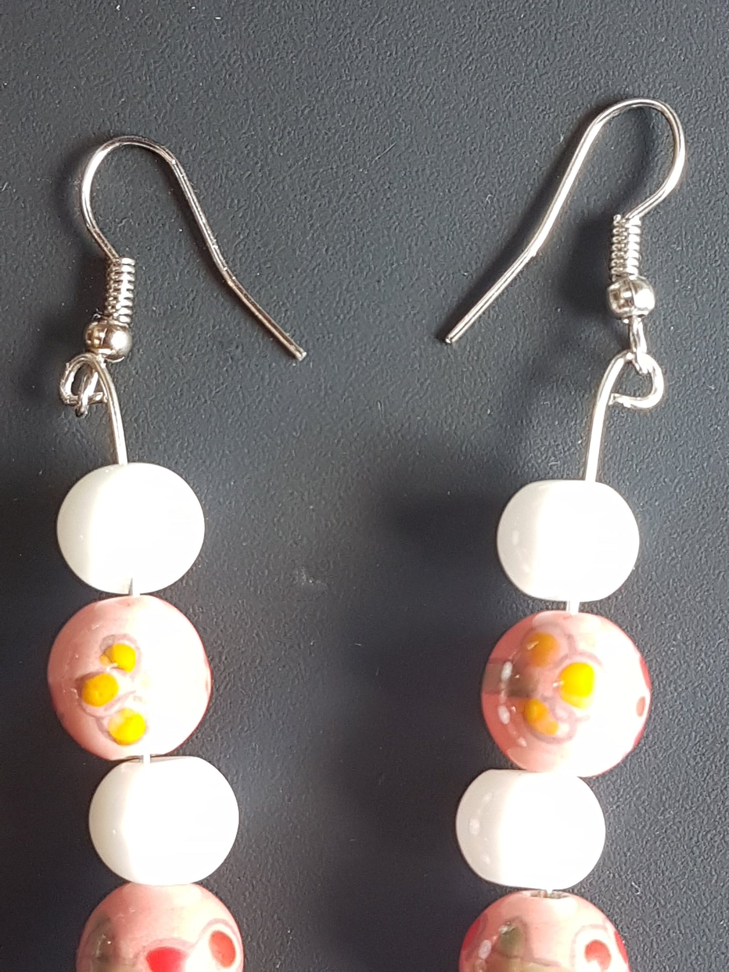 Pink Floral White Blue Bead Silver Earrings