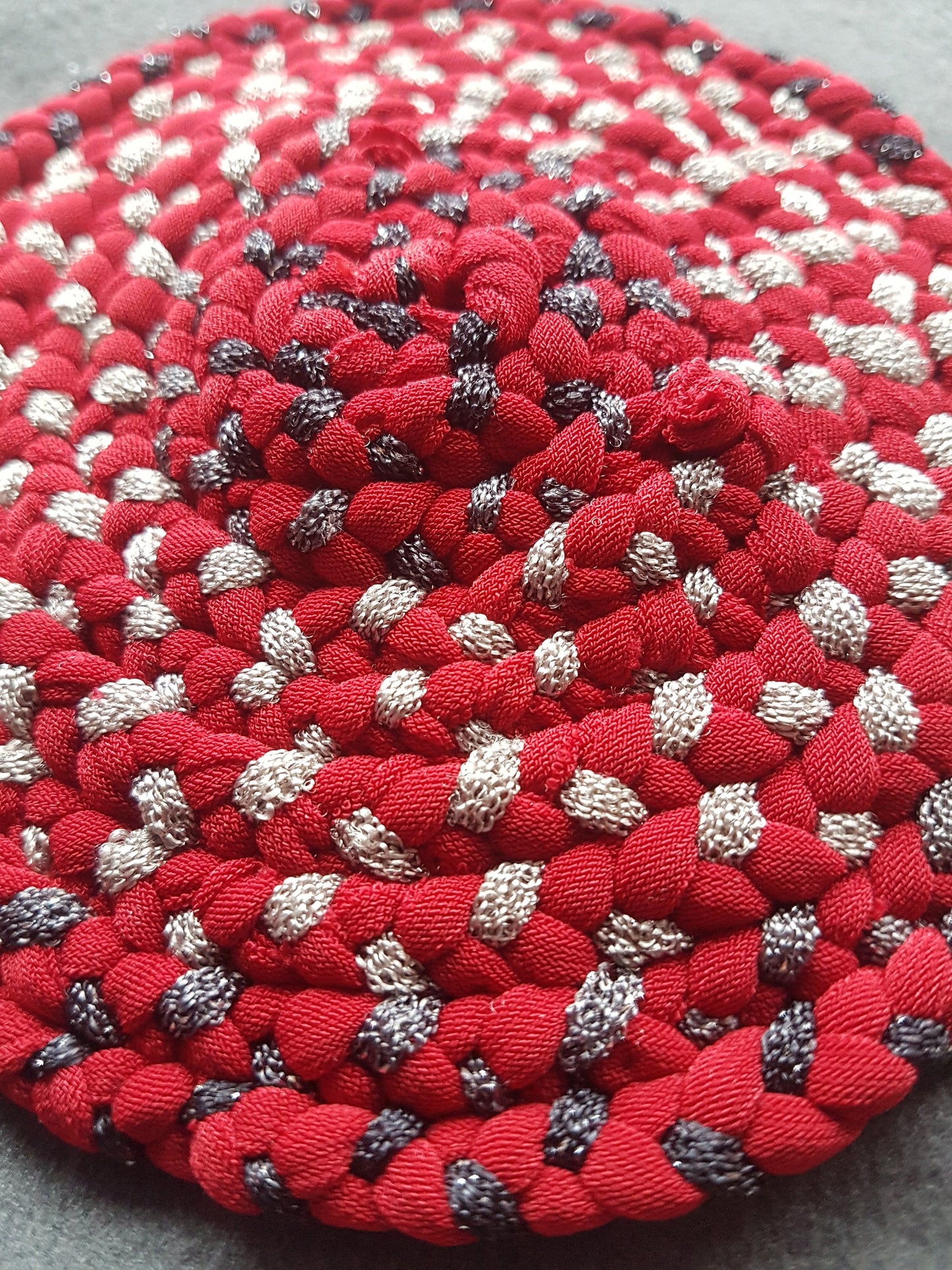 Handmade Round Coaster Red Grey Metallic