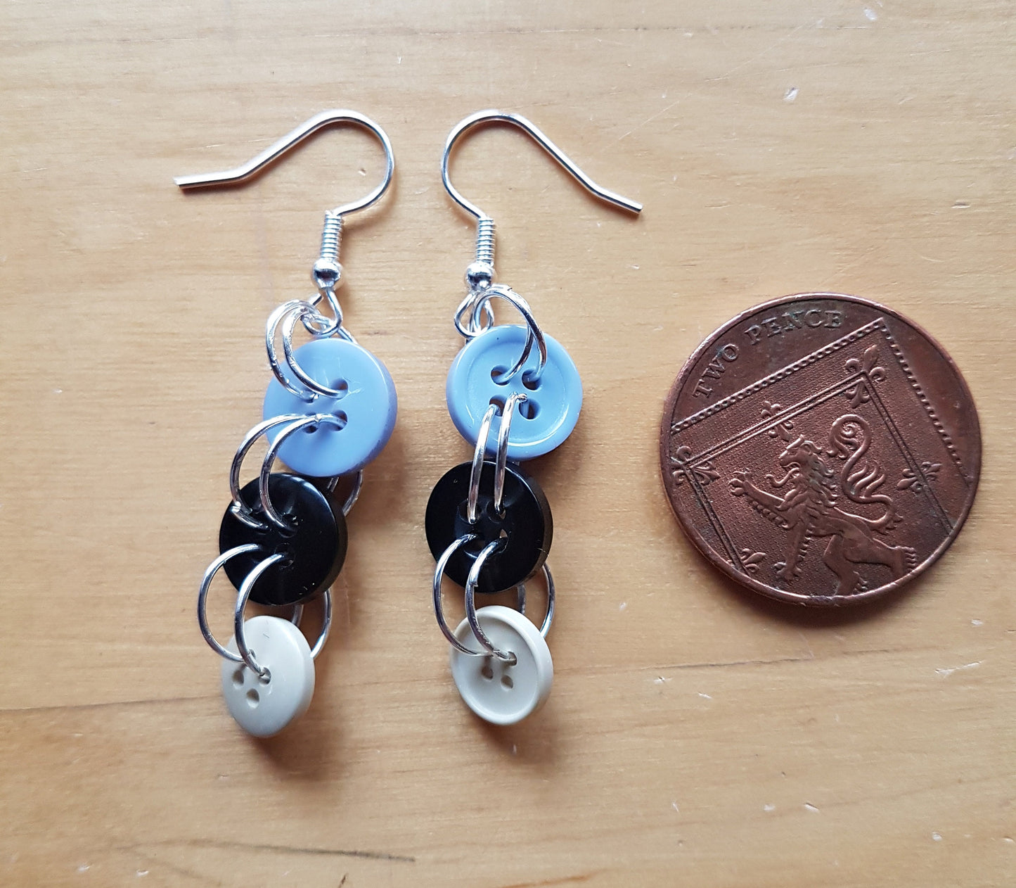 Blue Black Cream Silver Button Earrings