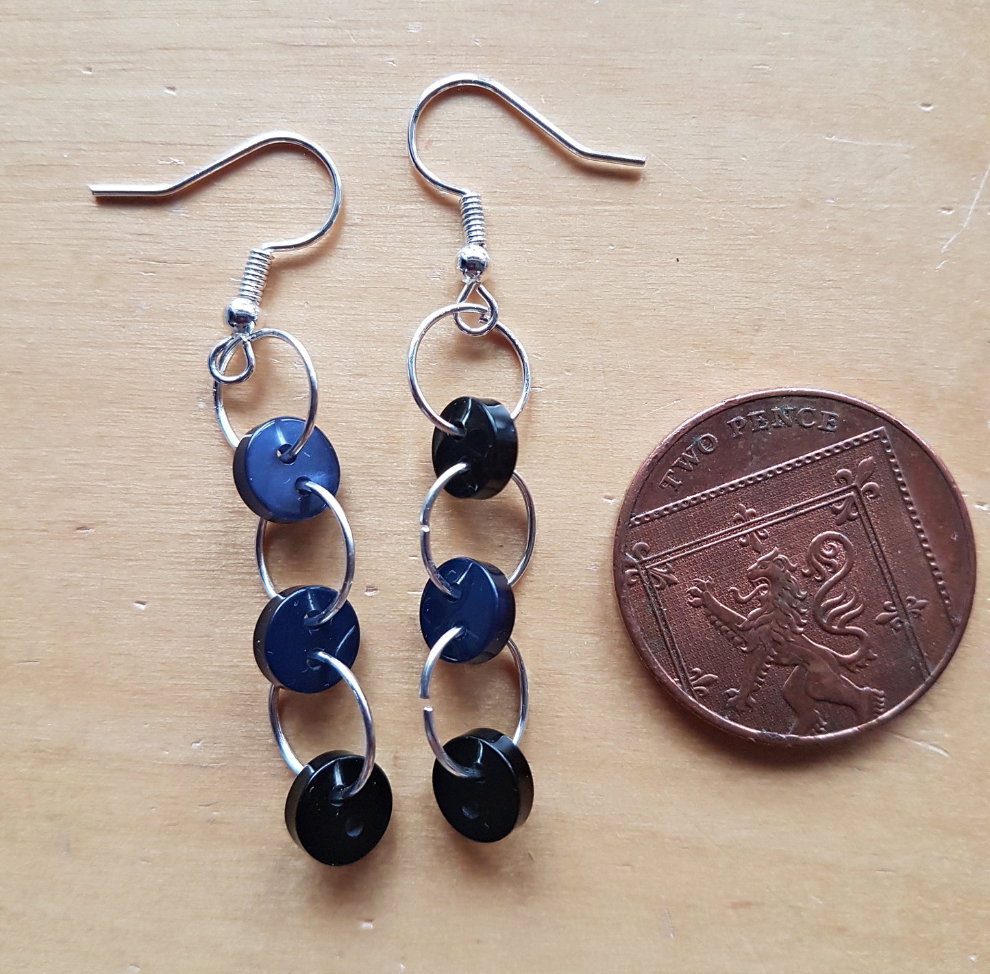 Black Navy Silver Button Earrings