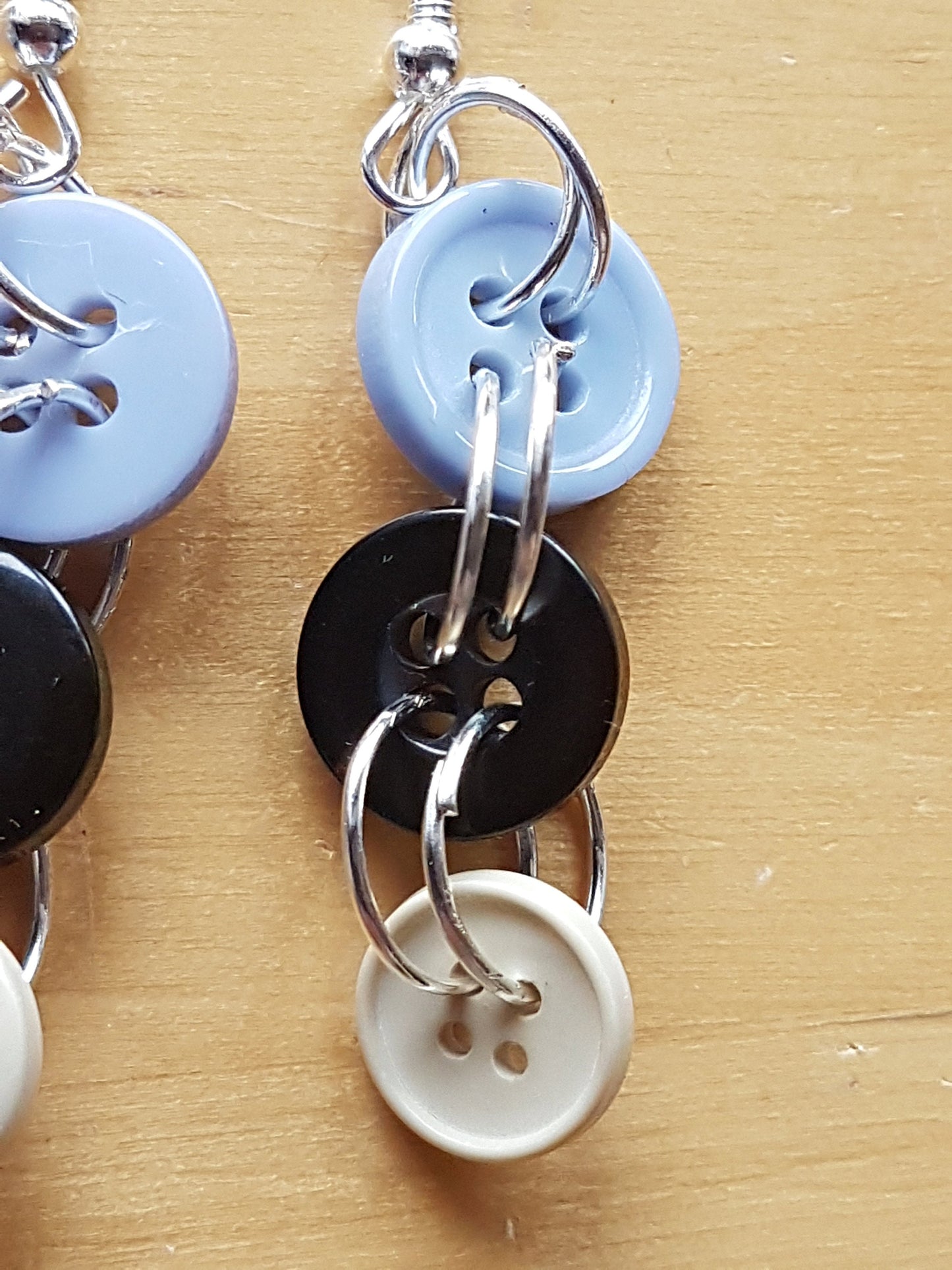 Blue Black Cream Silver Button Earrings