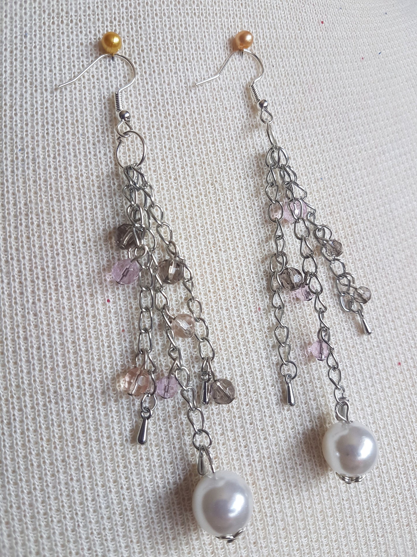 Silver Chain Beads Pearl Earrings