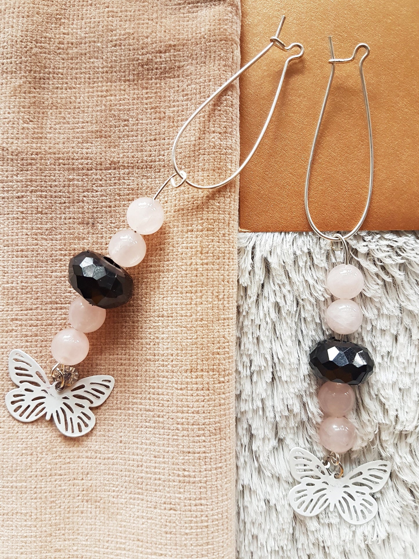 Pink, Black, White Bead Butterfly Silver Earrings