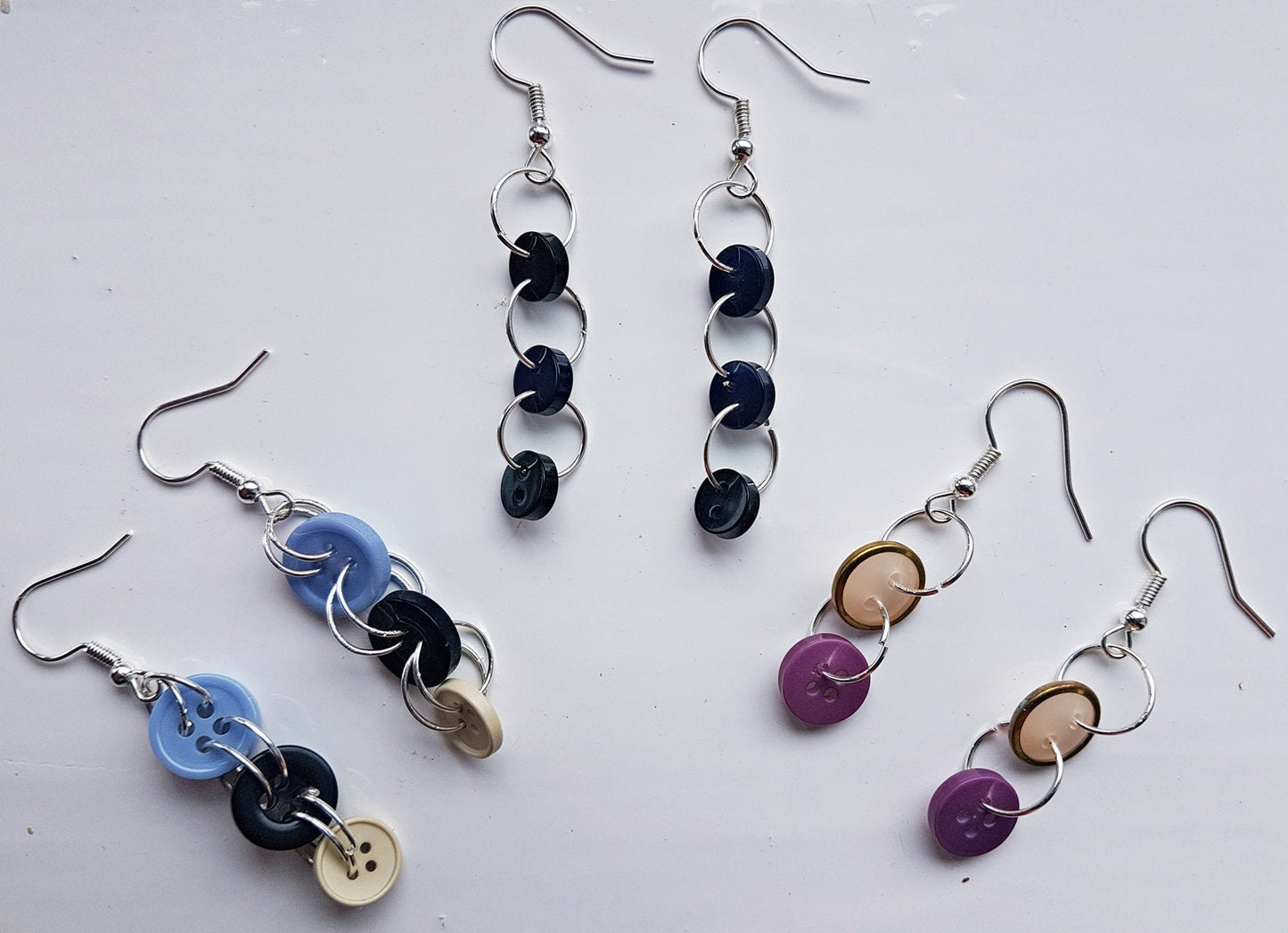 Blue Black Cream Silver Button Earrings