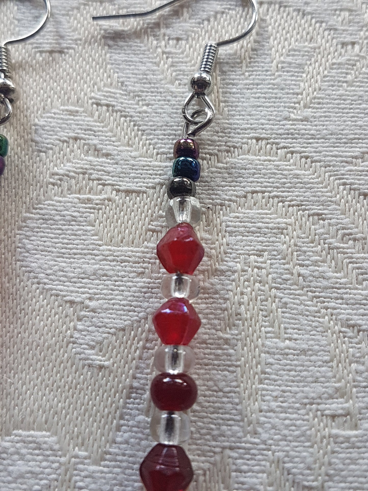 Red, Clear Bead Silver Dangle Earrings