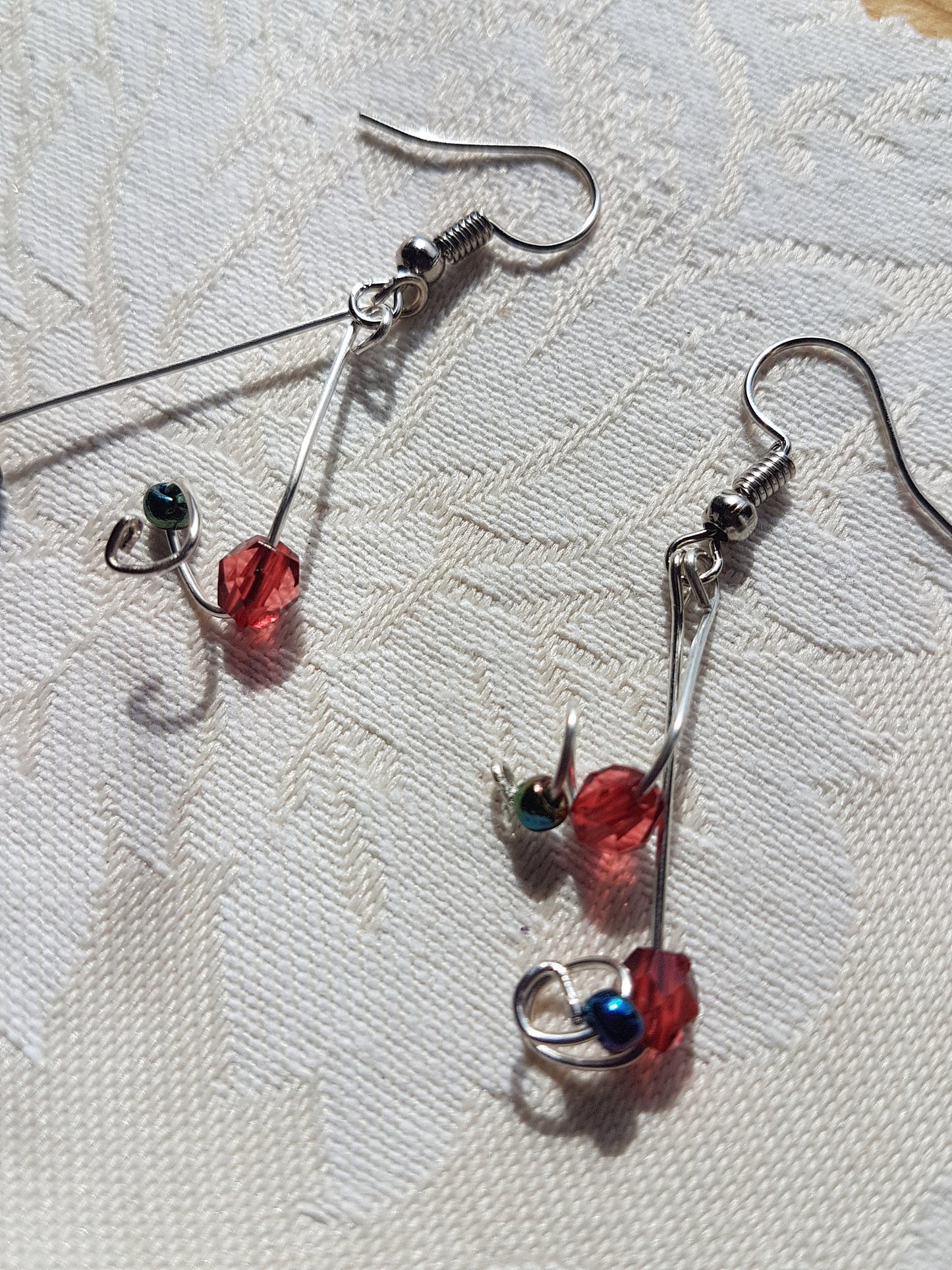 Red Silver Upcycle Dangle Earrings