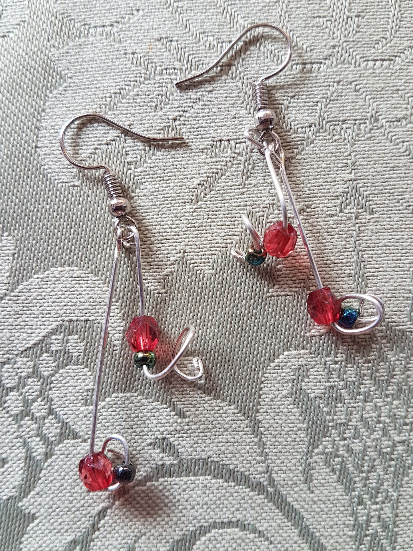 Red Silver Upcycle Dangle Earrings