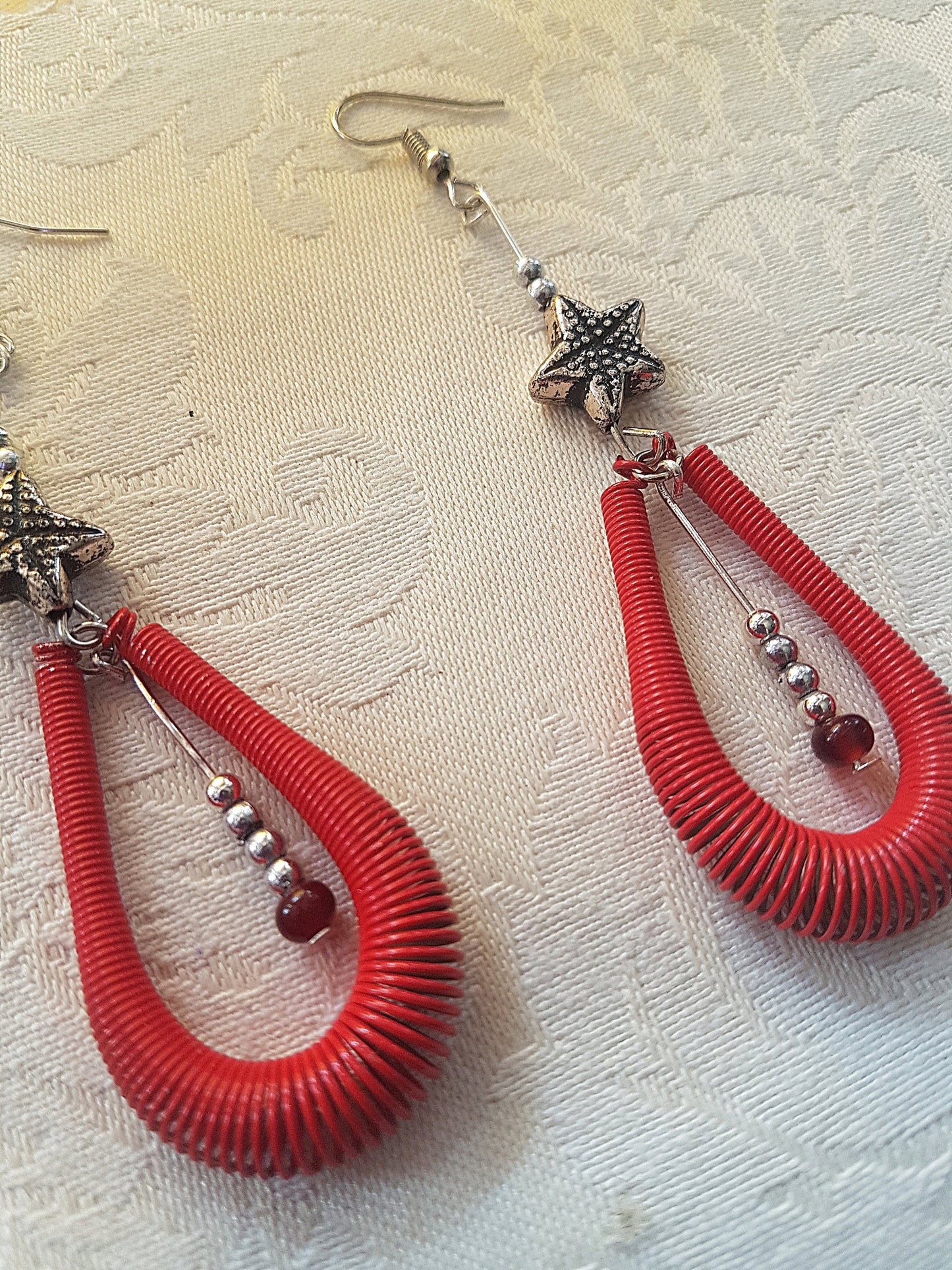 Red, Silver Bead Starfish Earrings