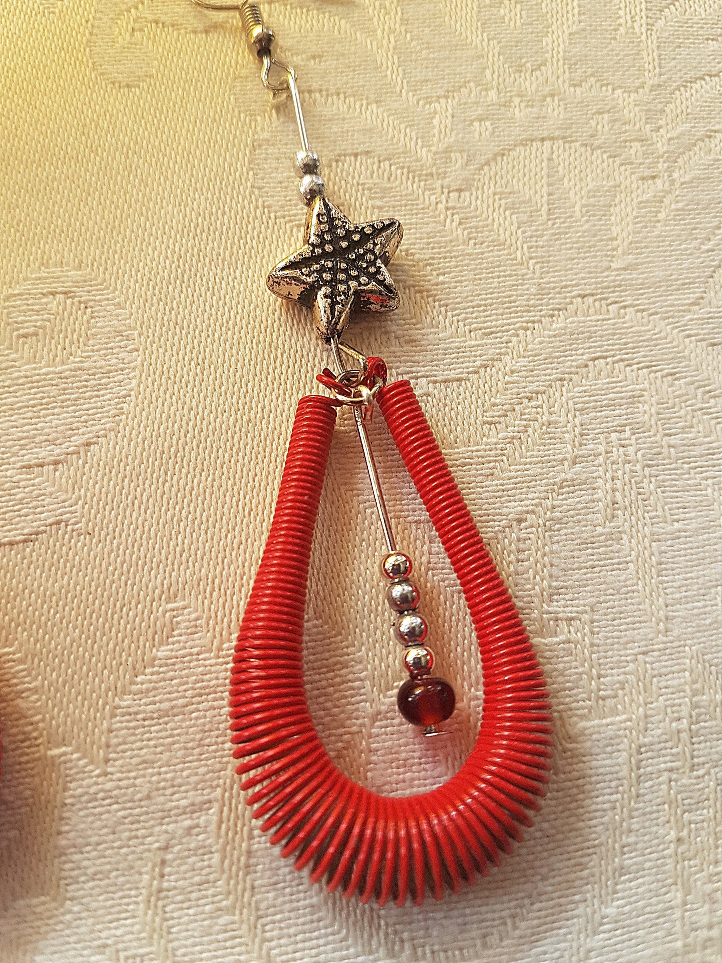 Red, Silver Bead Starfish Earrings