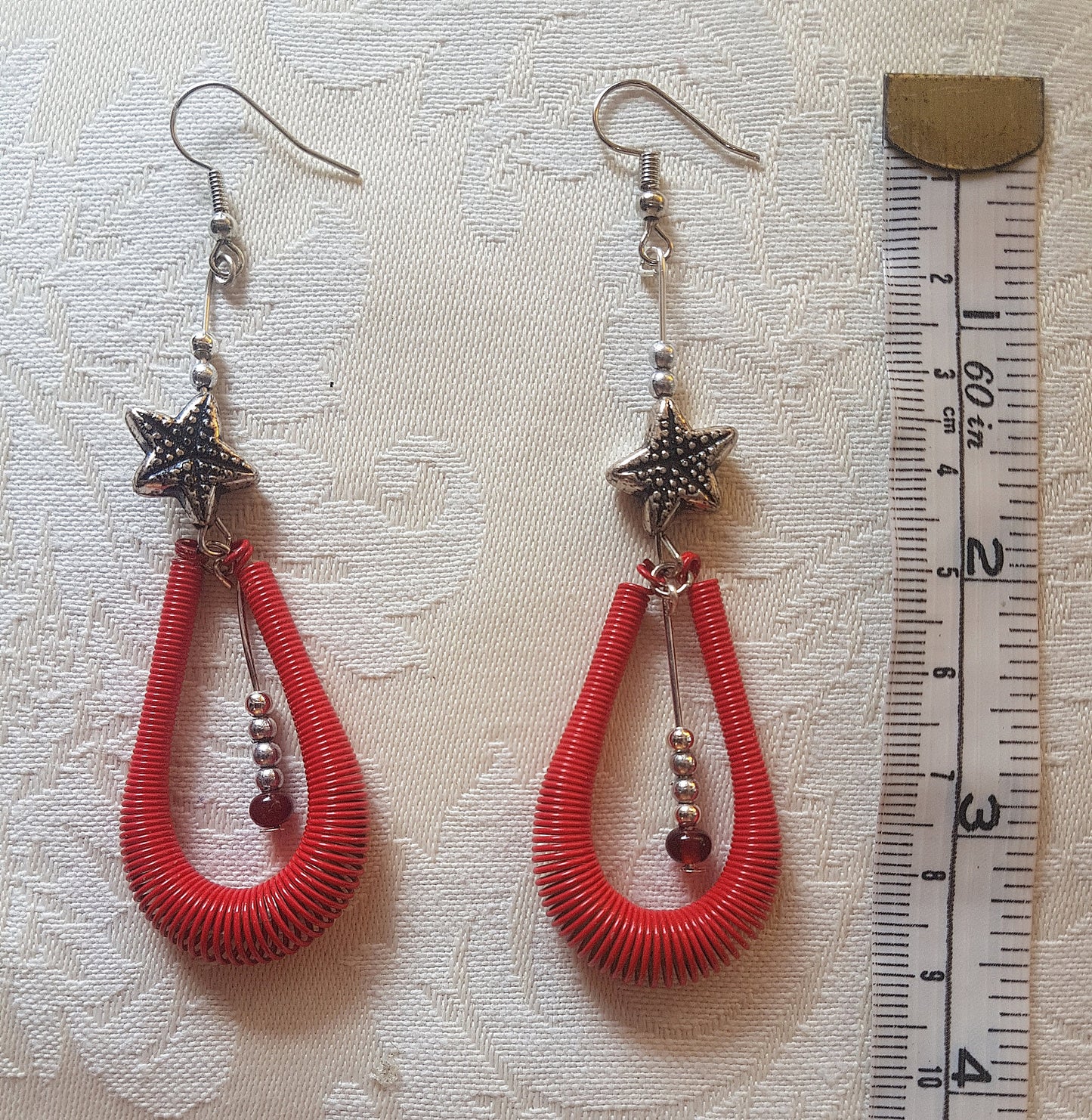 Red, Silver Bead Starfish Earrings