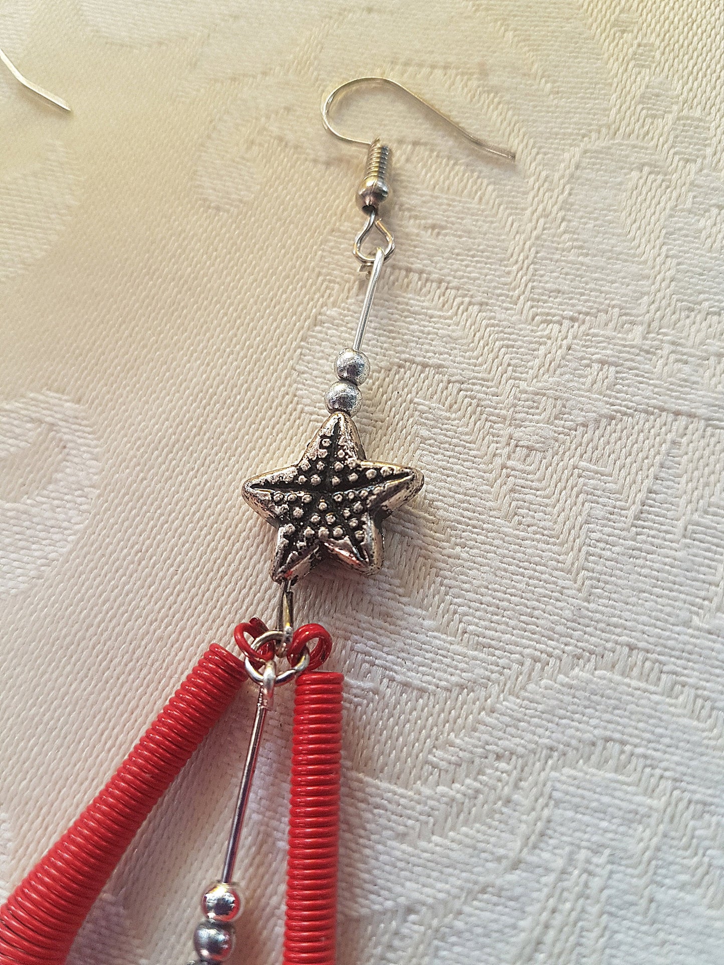 Red, Silver Bead Starfish Earrings