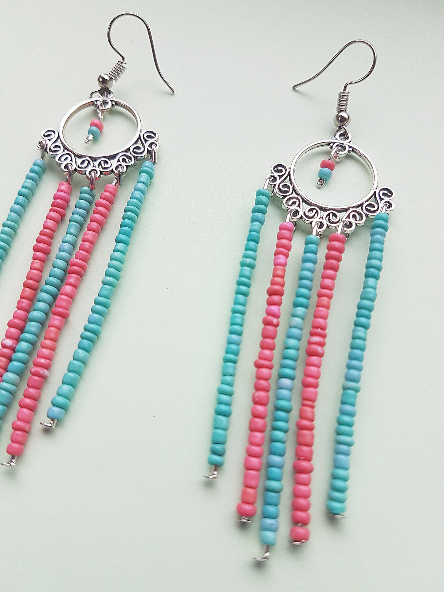 Pink Blue Seed Bead Dangle Earrings