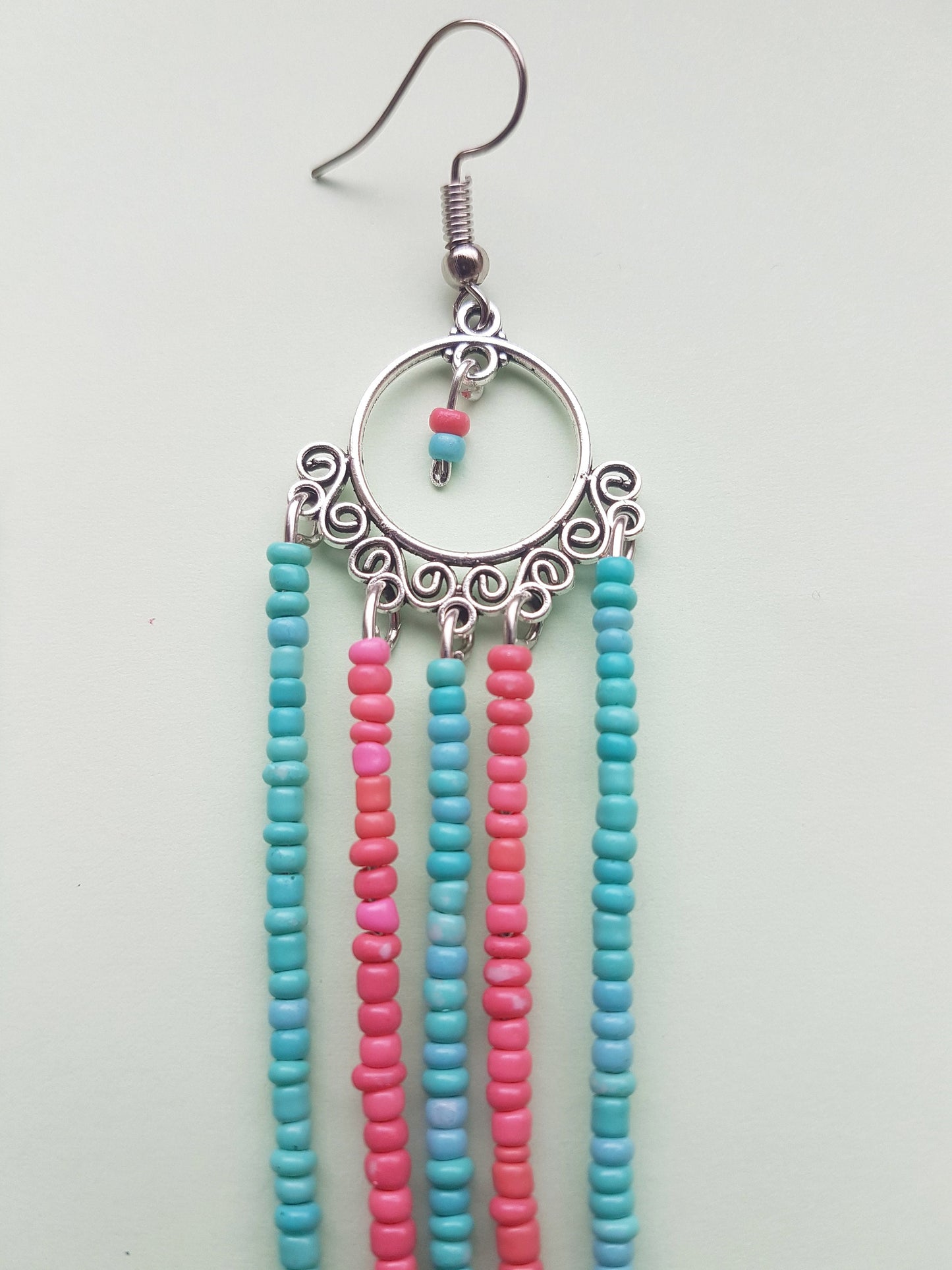 Pink Blue Seed Bead Dangle Earrings