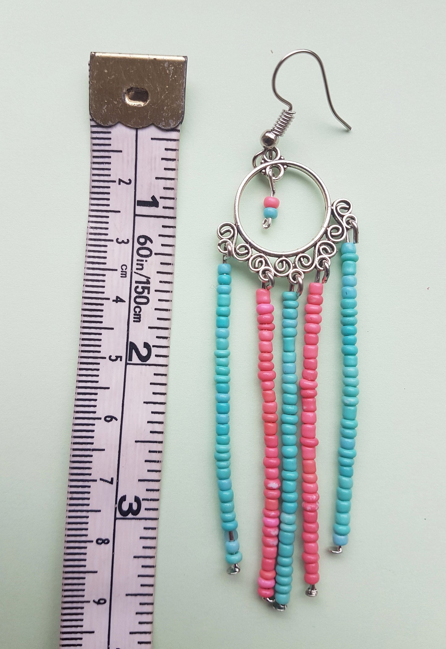 Pink Blue Seed Bead Dangle Earrings